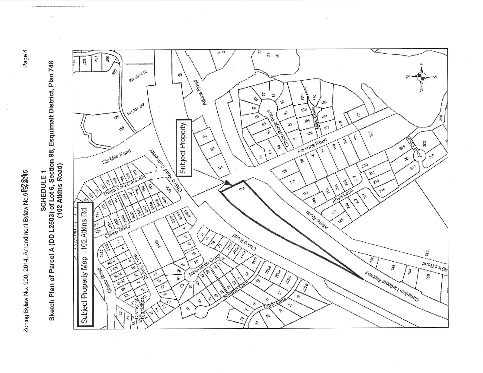 Subject Property Map showing 102 Atkins Road and surrounding parcels between Chilco Road, Six Mile Road, and the Canadian National Railway