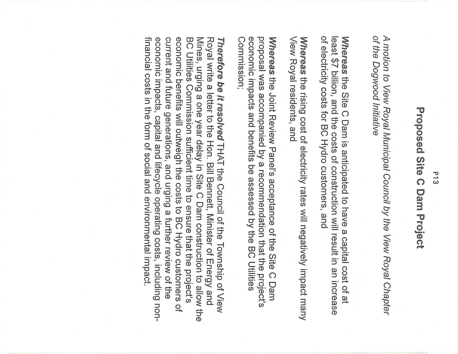 Document containing a motion to the View Royal Municipal Council regarding the Proposed Site C Dam Project