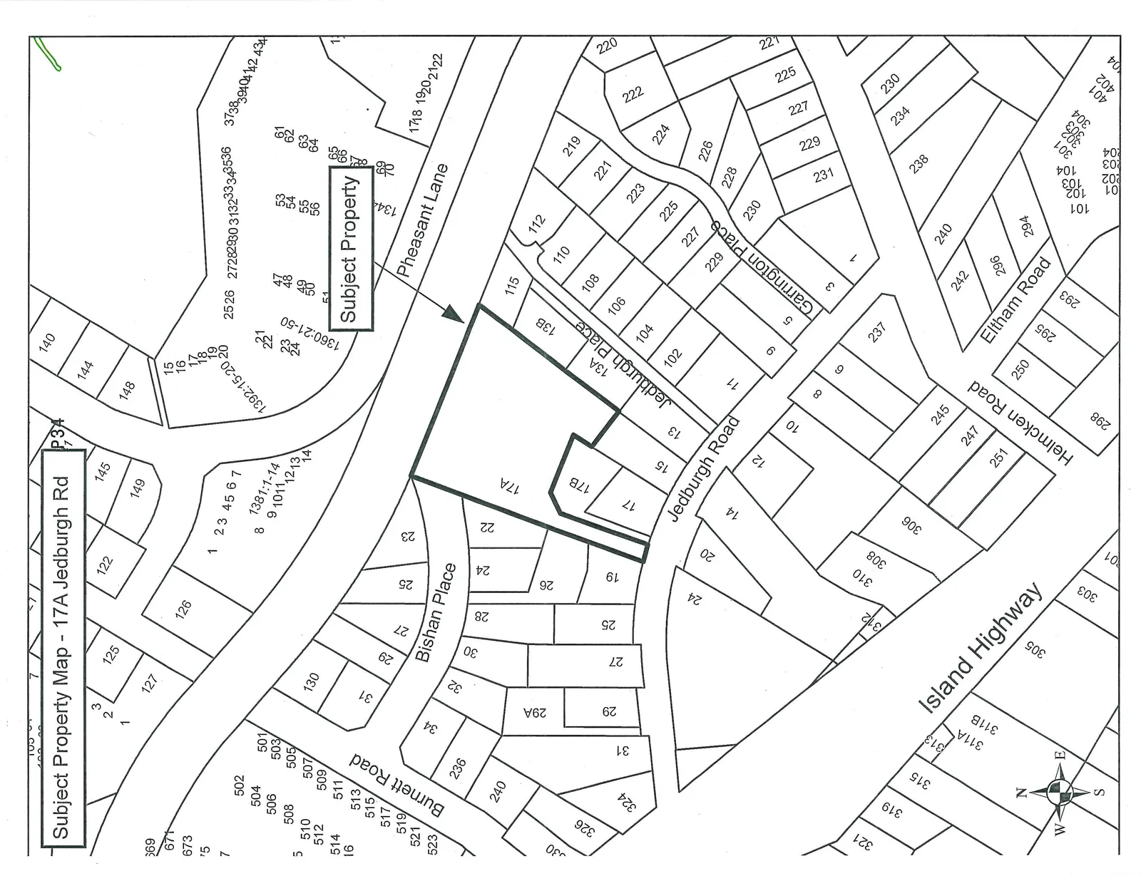 Map showing the subject property at 17A Jedburgh Rd, outlined and labeled "Subject Property". The map displays surrounding lots and streets including Jedburgh Road, Jedburgh Place, Bishan Place, Burnett Road, Pheasant Lane, Island Highway, Helmcken Road, Eltham Road, and Garrington Place. A compass rose is located in the bottom left corner.