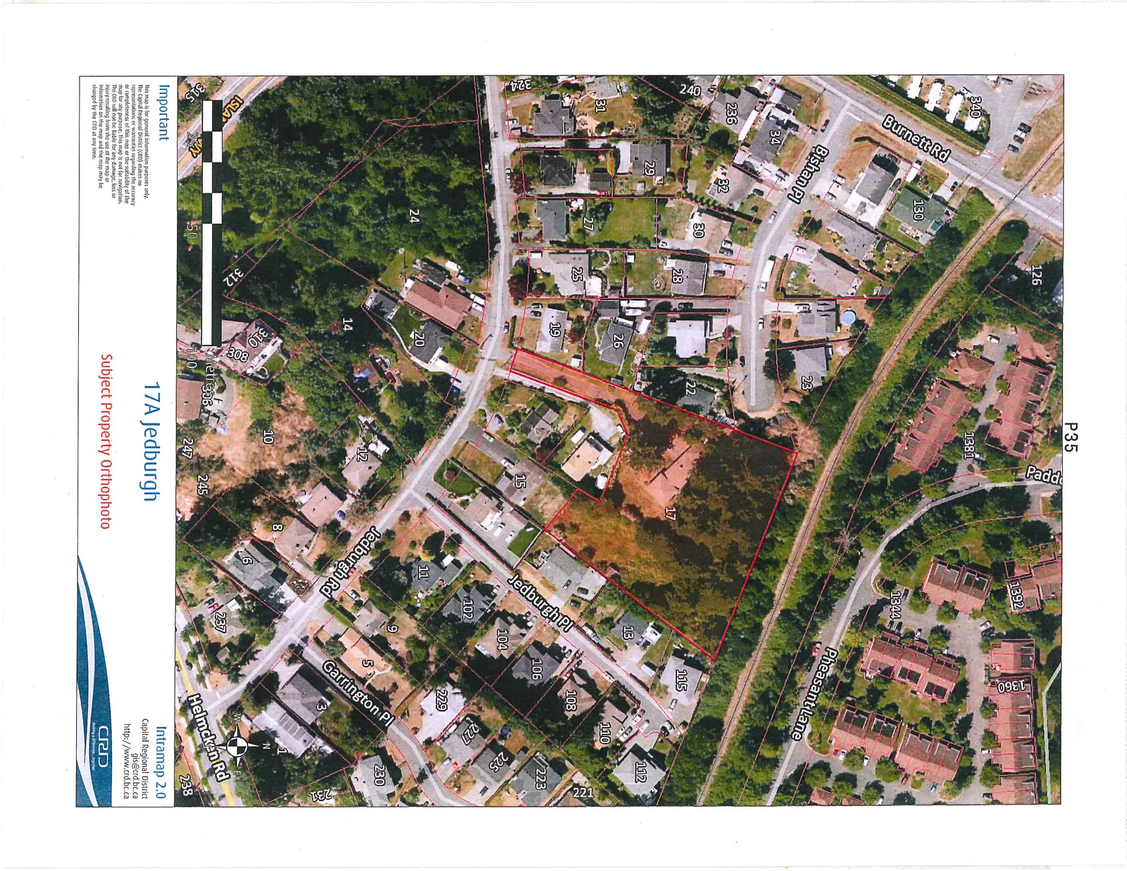 Aerial orthophoto of 17A Jedburgh and the surrounding residential neighborhood. The subject property, marked with the number 17, is outlined in red. Nearby streets include Burnett Rd, Bishan Pl, Jedburgh Rd, Jedburgh Pl, Garrington Pl, Pheasant Lane, and Helmcken Rd.