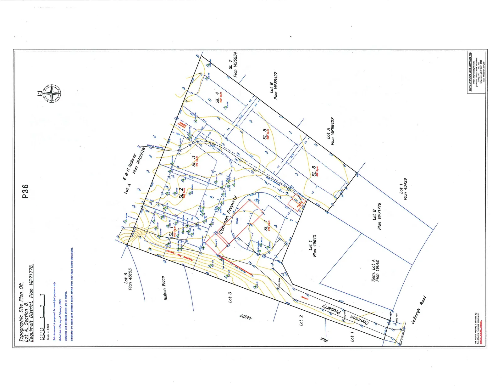 Topographic Site Plan for Lot A, Section 8, Esquimalt District, Plan VIP71776, showing strata lots SL 1 through SL 7 with the following areas:
- SL 1: 659 Sq.m
- SL 2: 602 Sq.m
- SL 3: 613 Sq.m
- SL 4: 629 Sq.m
- SL 5: 629 Sq.m
- SL 6: 629 Sq.m
- SL 7: 649 Sq.m
The plan also identifies common property, a house, carport, pump station, parking areas, a driveway, and utility poles. Bordering properties include Bishan Place, Jedburgh Road, the E & N Railway (Plan VIP66676), and various numbered lots and plans.
