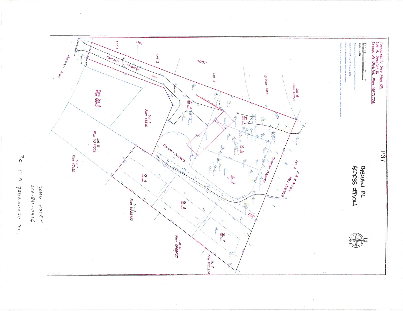 Topographic site plan showing proposed subdivision of Lot A into SL 1 through SL 7, including common property areas, and surrounding parcels such as Lot 6 Plan 45153, E & N Railway Plan VIP66676, and connections to Bishan Place and Jedburgh Road.
