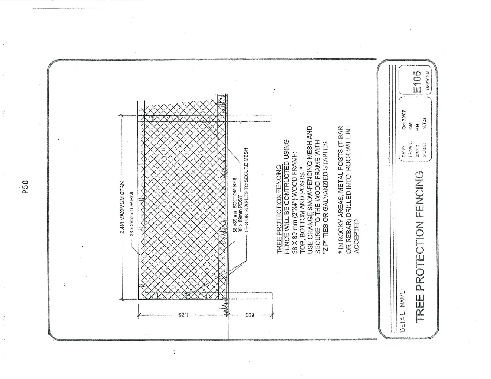 Technical detail drawing of tree protection fencing specifying a 1.20m height above ground, 600mm depth below ground, and a 2.4m maximum span between posts. The diagram labels include a 38 x 89mm top rail, 38 x 89mm bottom rail, 38 x 89mm posts, and ties or staples to secure the mesh.