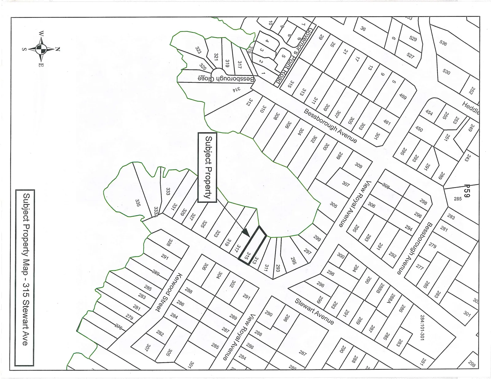 Parcel map showing the location of 315 Stewart Avenue (labeled Subject Property) and surrounding lots. Streets shown include Bessborough Avenue, View Royal Avenue, Stewart Avenue, Governor's Point Road, Bessborough Close, and Kerwood Street. The map also includes a North arrow and a reference label 'P59'.