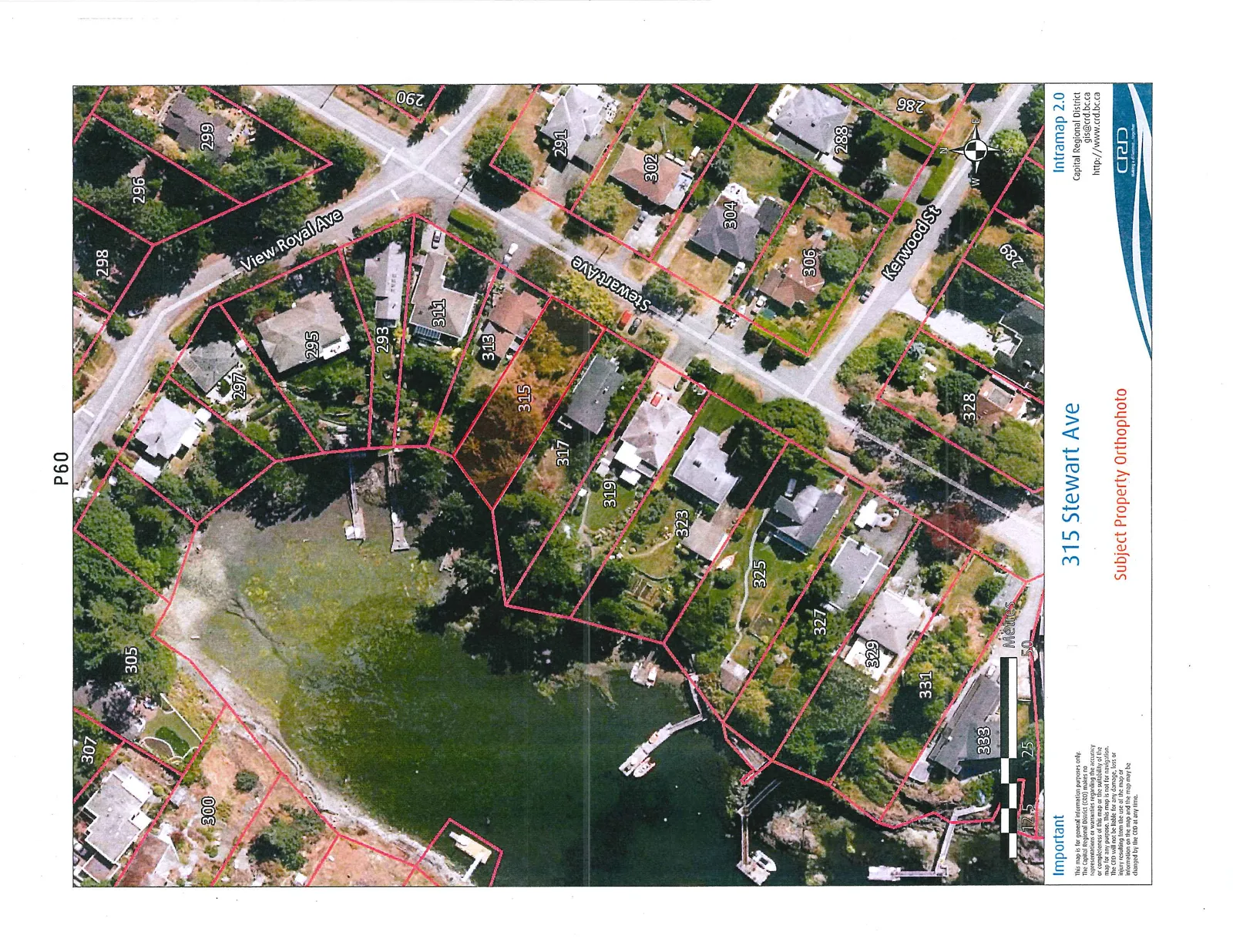 Aerial orthophoto map centered on the property at 315 Stewart Ave. The map shows red-outlined property boundaries and house numbers for the surrounding area. Properties shown include 315, 317, 319, 323, 325, 327, 329, 331, and 333 along the shoreline. Street names visible are View Royal Ave, Stewart Ave, and Kerwood St. The map includes a scale in metres and a north arrow.