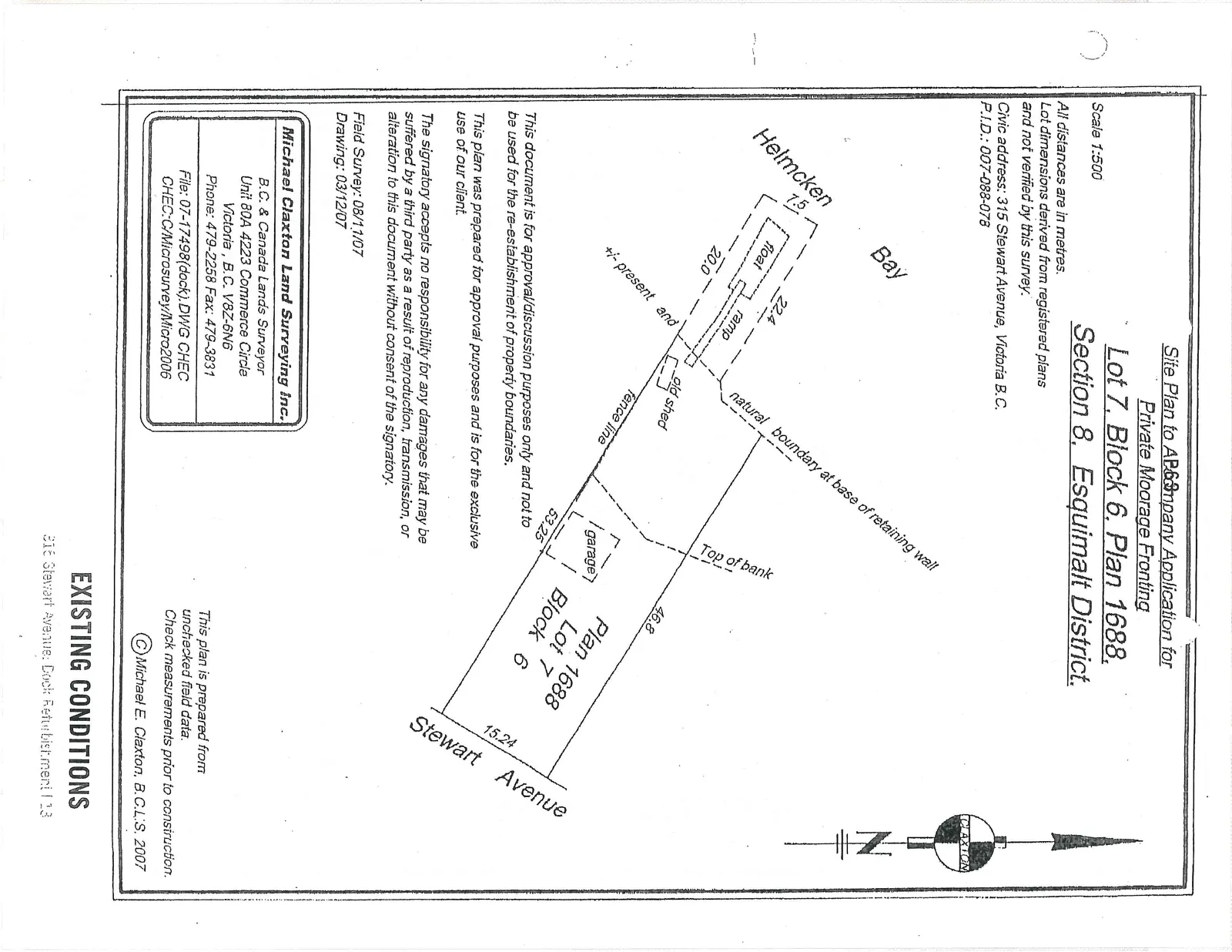 Site plan showing Lot 7, Block 6 fronting Helmcken Bay, including locations of a float, ramp, old shed, garage, fence line, and Stewart Avenue.