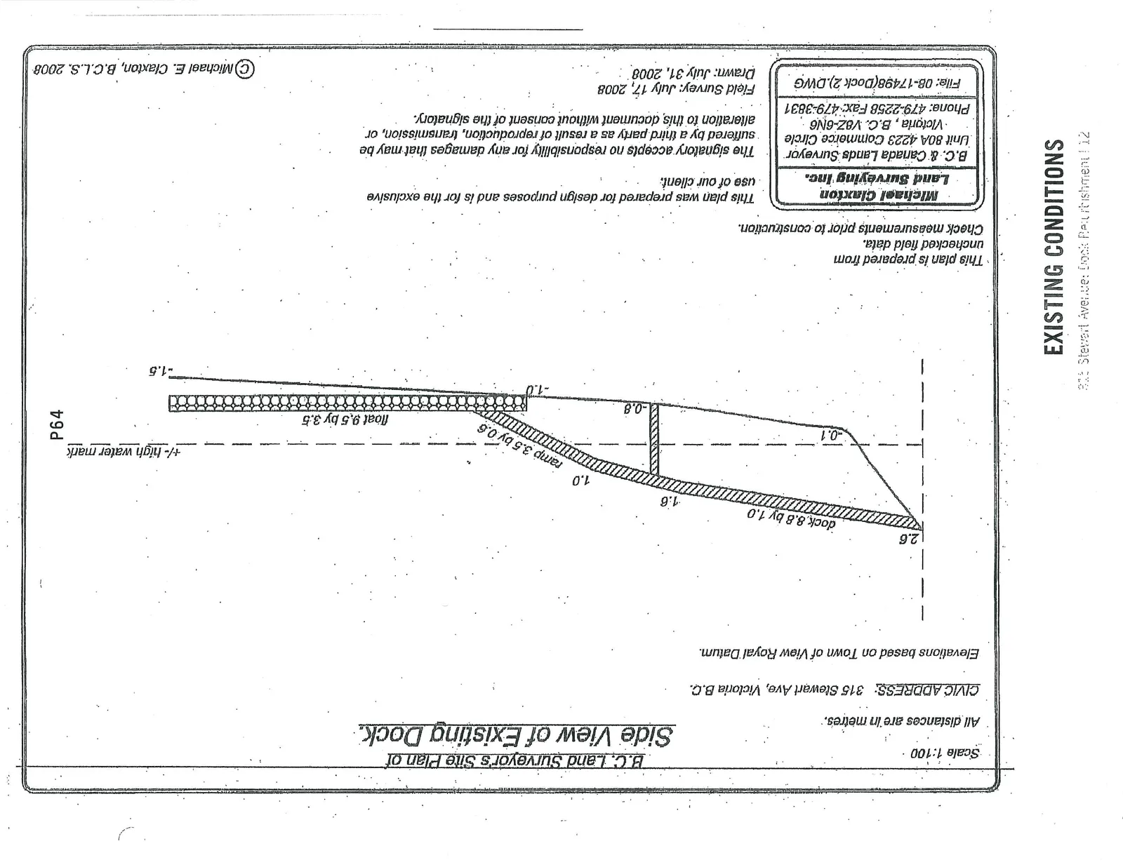 Side view elevation of existing dock structures showing the dock (8.8 by 1.0), ramp (3.5 by 0.6), and float (9.5 by 3.5) relative to the high water mark and various elevation points.