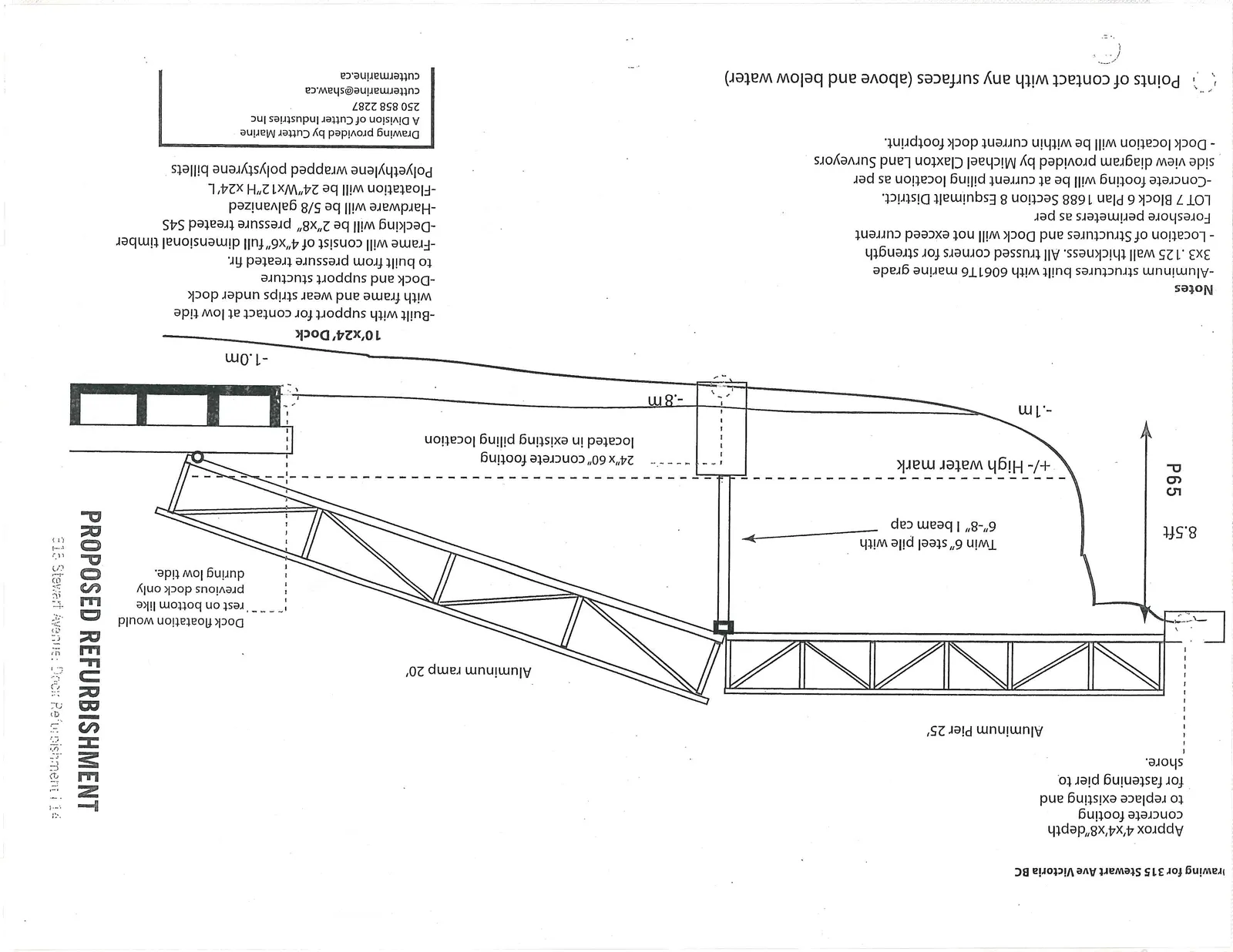 Side view diagram of proposed dock refurbishment showing pier, ramp, and dock assembly with technical specifications and water level markers.