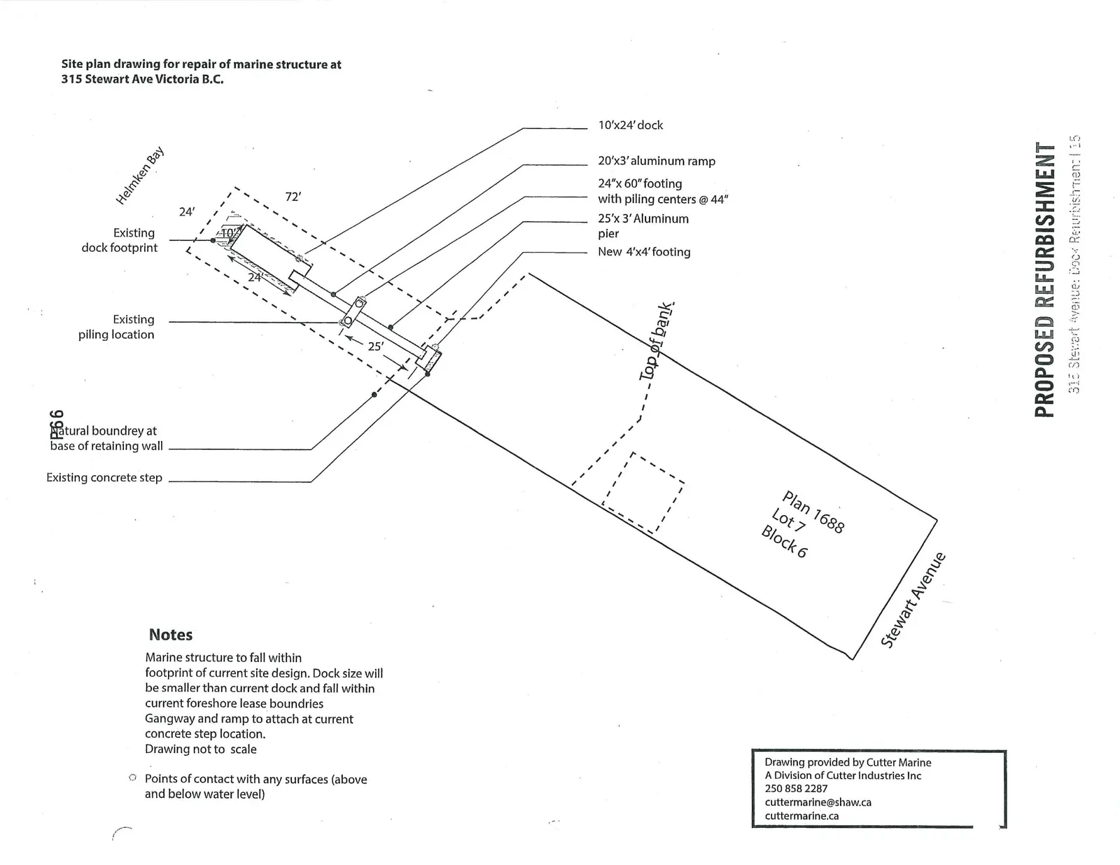 Site plan diagram showing the overhead layout of the proposed dock refurbishment relative to Helmken Bay, property boundaries, and Stewart Avenue.