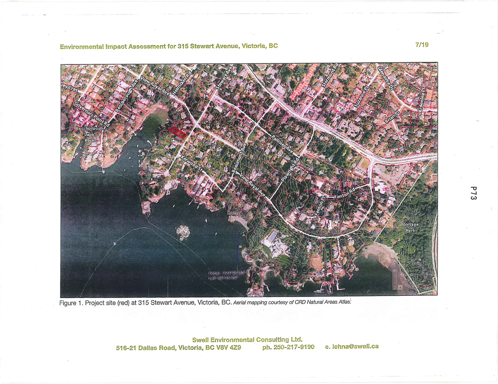Figure 1. Project site (red) at 315 Stewart Avenue, Victoria, BC. Aerial mapping courtesy of CRD Natural Areas Atlas.