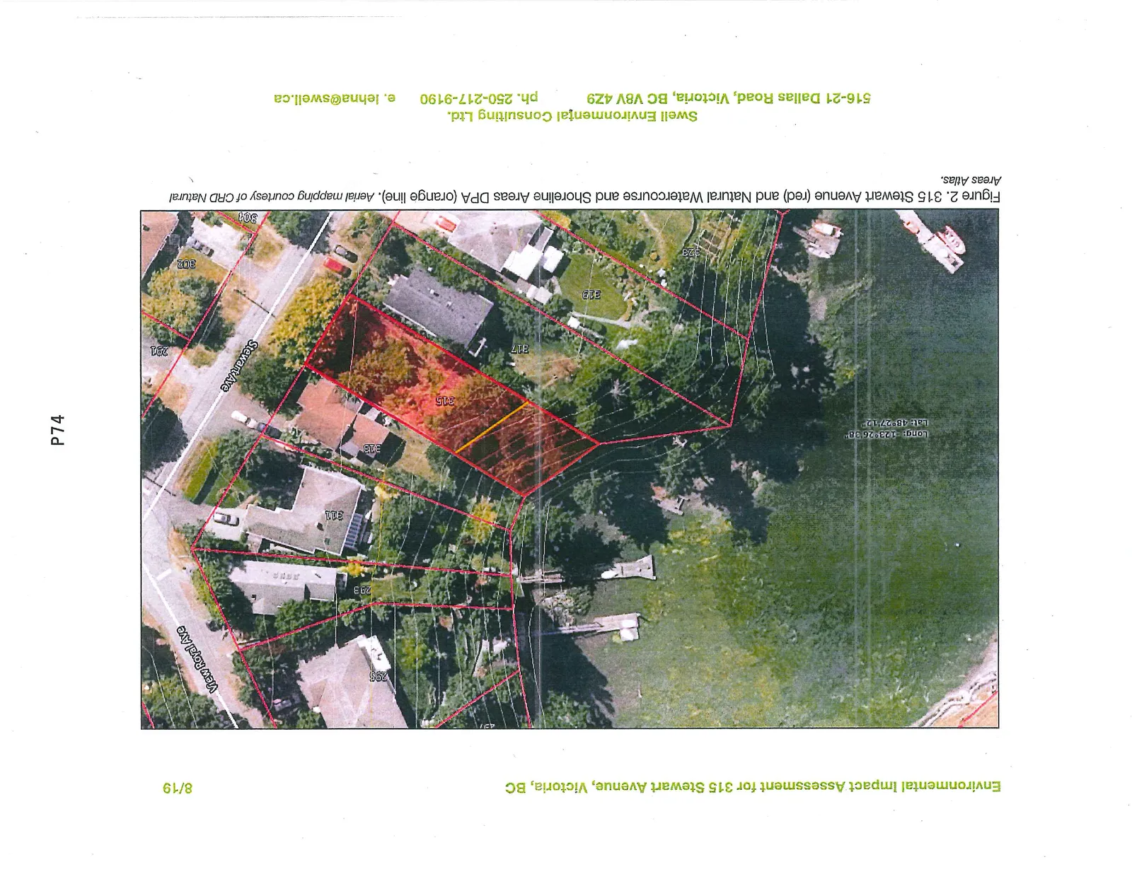 Figure 2. 315 Stewart Avenue (red) and Natural Watercourse and Shoreline Areas DPA (orange line). Aerial mapping courtesy of CRD Natural Areas Atlas.