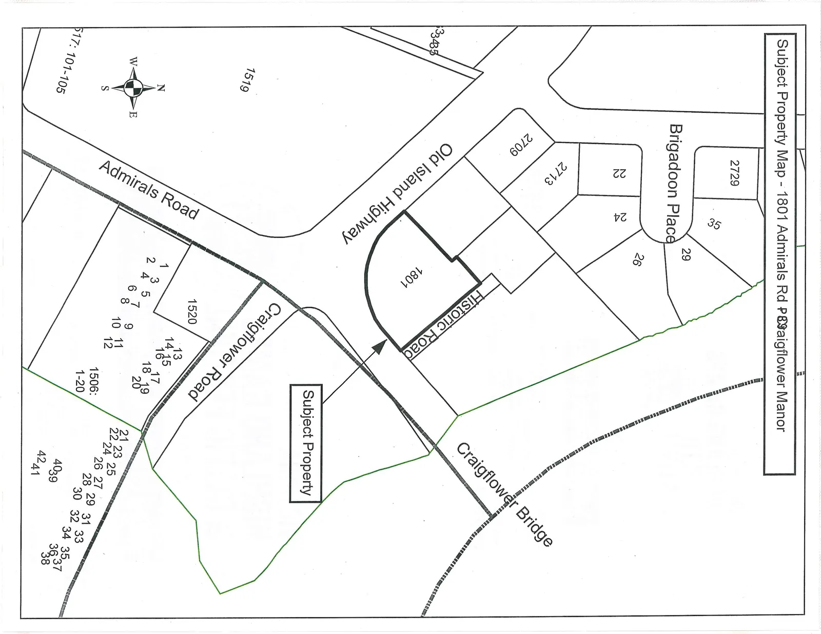 Subject Property Map for 1801 Admirals Rd (Craigflower Manor). The map highlights the "Subject Property" located at 1801, bordered by Old Island Highway and a section labeled "Historic Road." Major thoroughfares shown include Admirals Road and Craigflower Road, leading to the Craigflower Bridge. Neighboring parcels and addresses identified include 2729, 2713, 2709, 1519, 1520, and a series of units (1-42) at 1506 Craigflower Road. Lots on Brigadoon Place are numbered 22, 24, 26, 29, and 35. A compass rose and the code "517: 101-105" are visible in the lower-left corner.