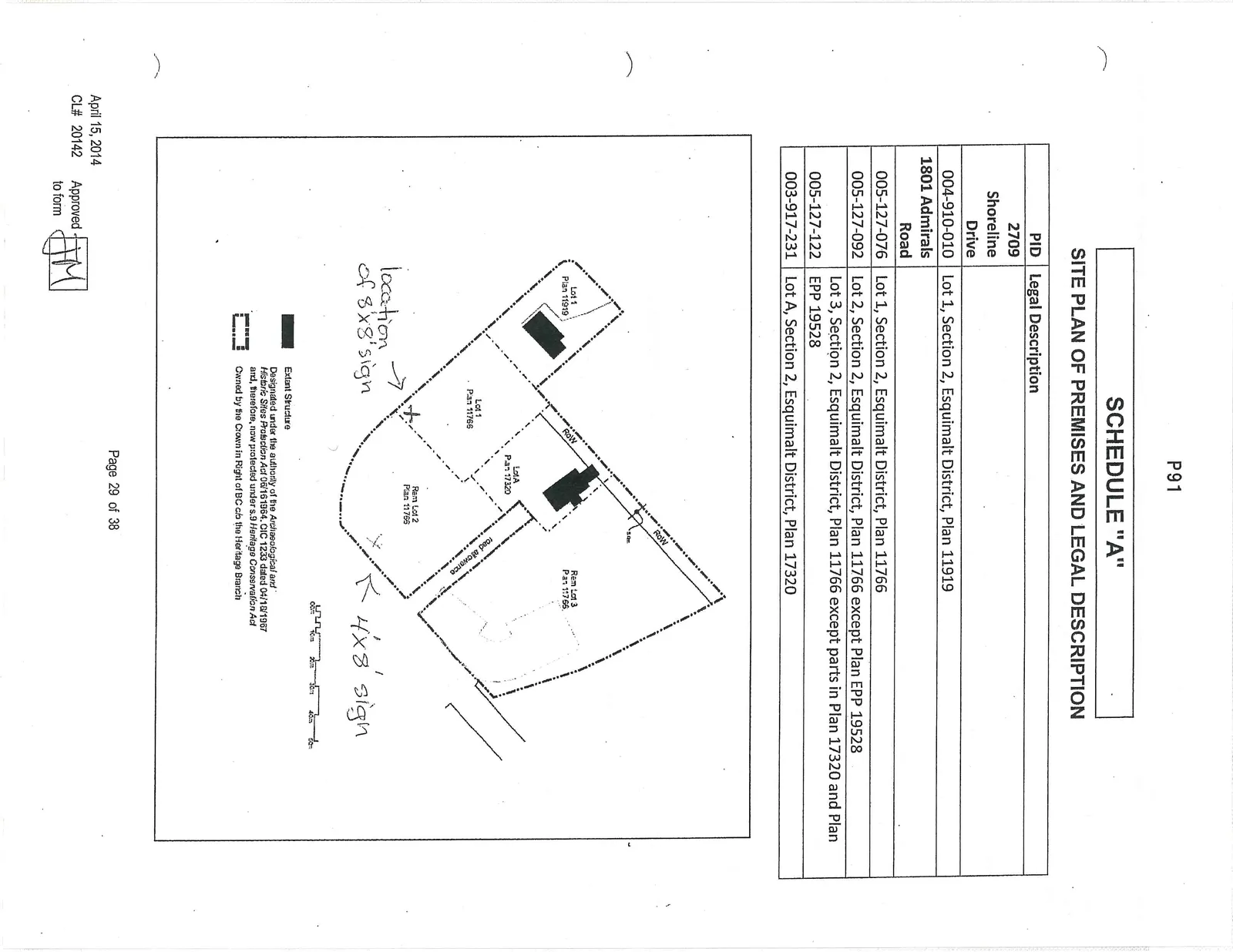 Site plan map showing property boundaries for Lot 1 Plan 11919, Lot 1 Plan 11766, Lot A Plan 17320, Rem Lot 2 Plan 11766, and Rem Lot 3 Plan 11766. Hand-drawn annotations indicate locations for an 8'x8' sign and a 4'x8' sign.