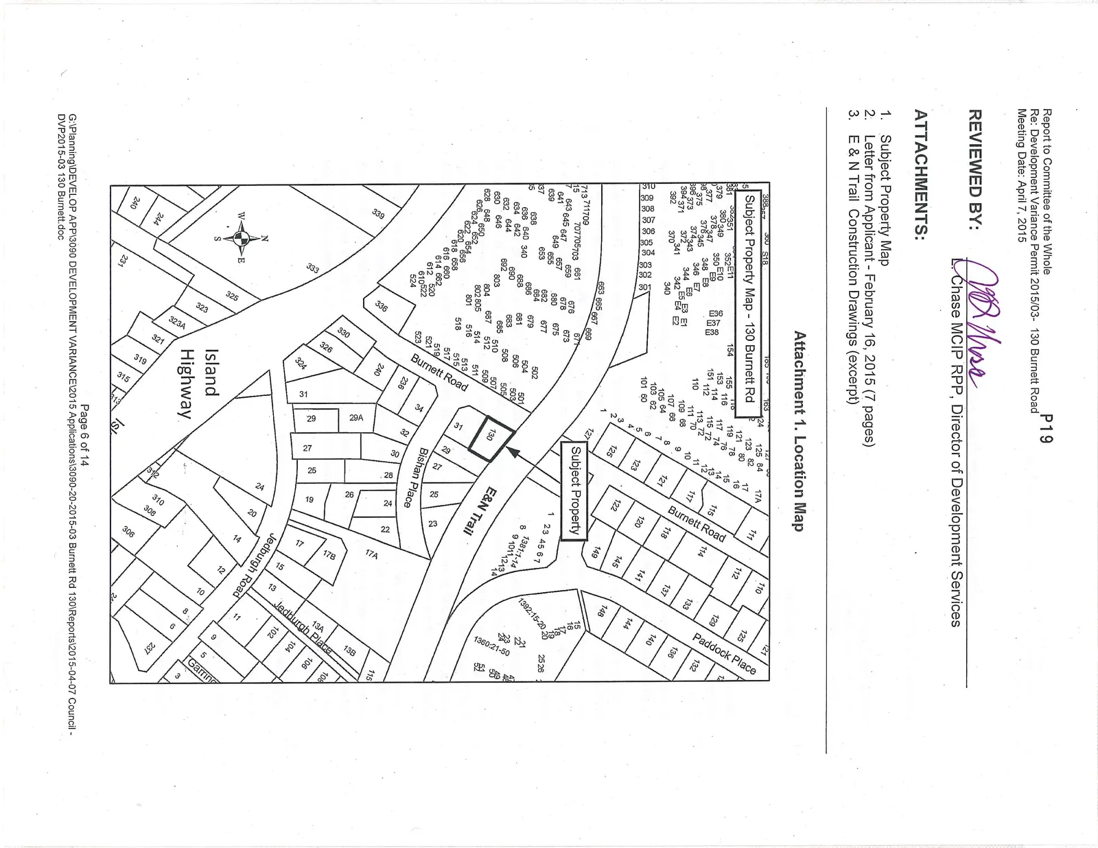 Subject Property Map for 130 Burnett Road showing the location of the subject property relative to Burnett Road, the E&N Trail, Bishan Place, Jedburgh Road, and the Island Highway.