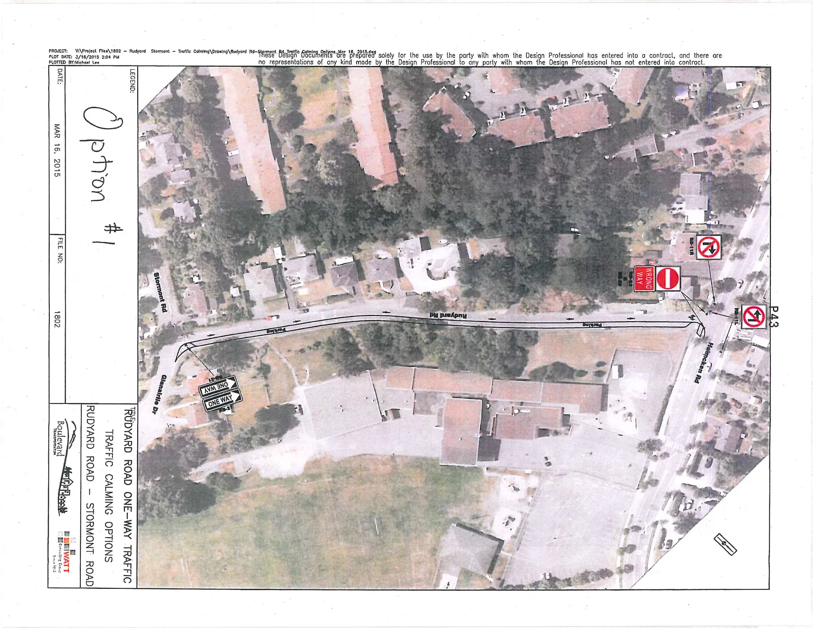 Aerial map of Option #1 showing Rudyard Road as a one-way street between Stormont Road and Helmcken Road, with associated regulatory signage.