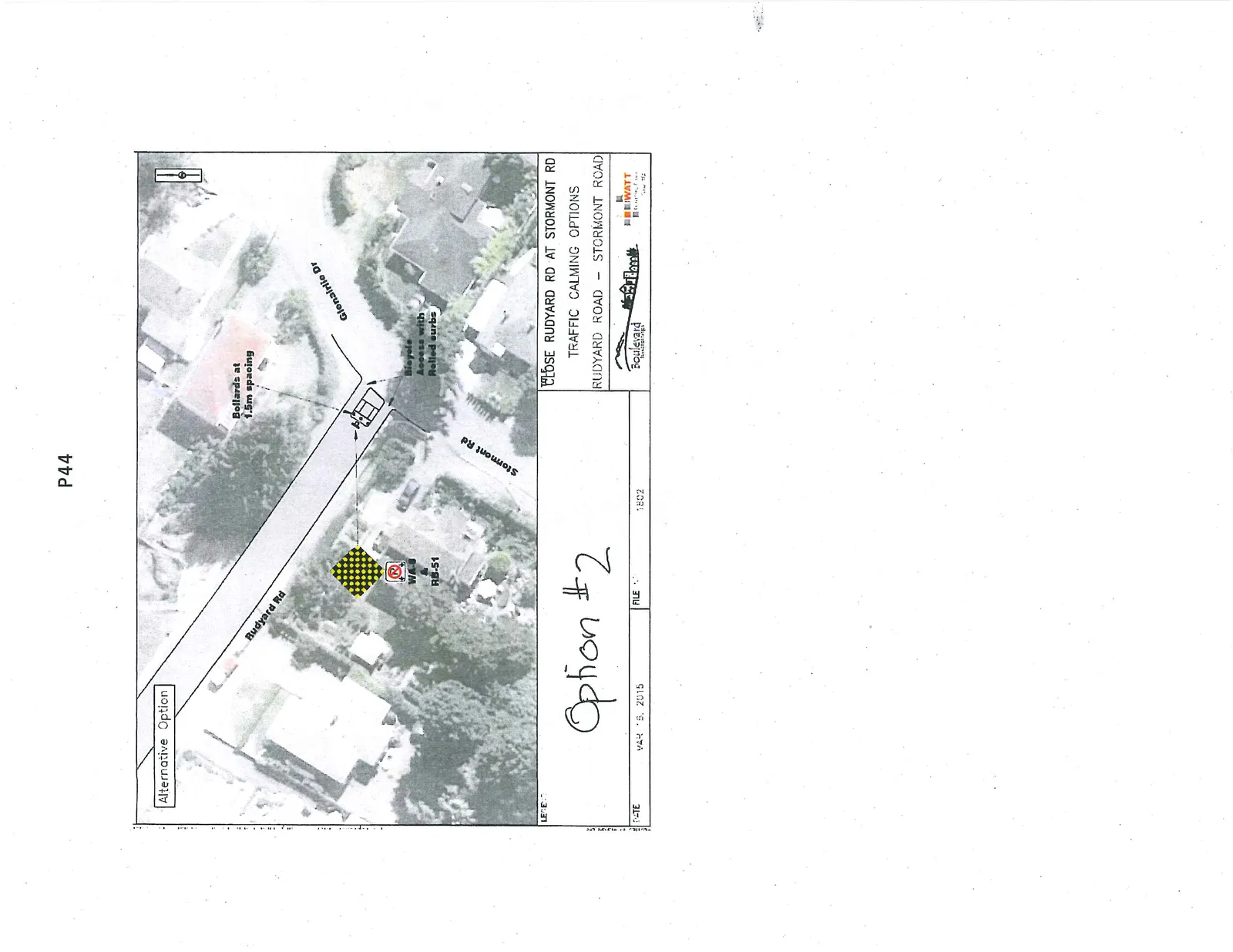 Aerial map of Option #2 showing a physical closure of Rudyard Road at Stormont Road using bollards at 1.5m spacing and providing bicycle access with rolled curbs.