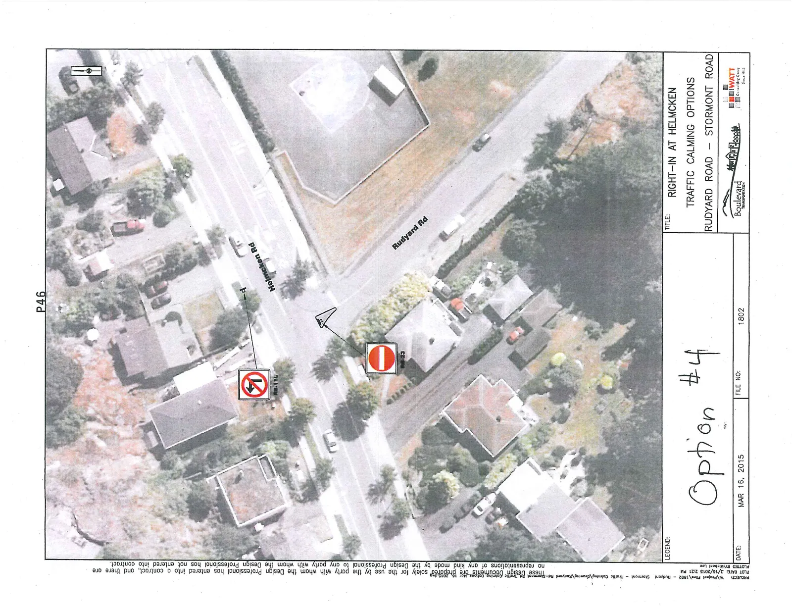 Aerial map of Option #4 showing right-in only access from Helmcken Road to Rudyard Road, with "No Left Turn" and "No Entry" signage.