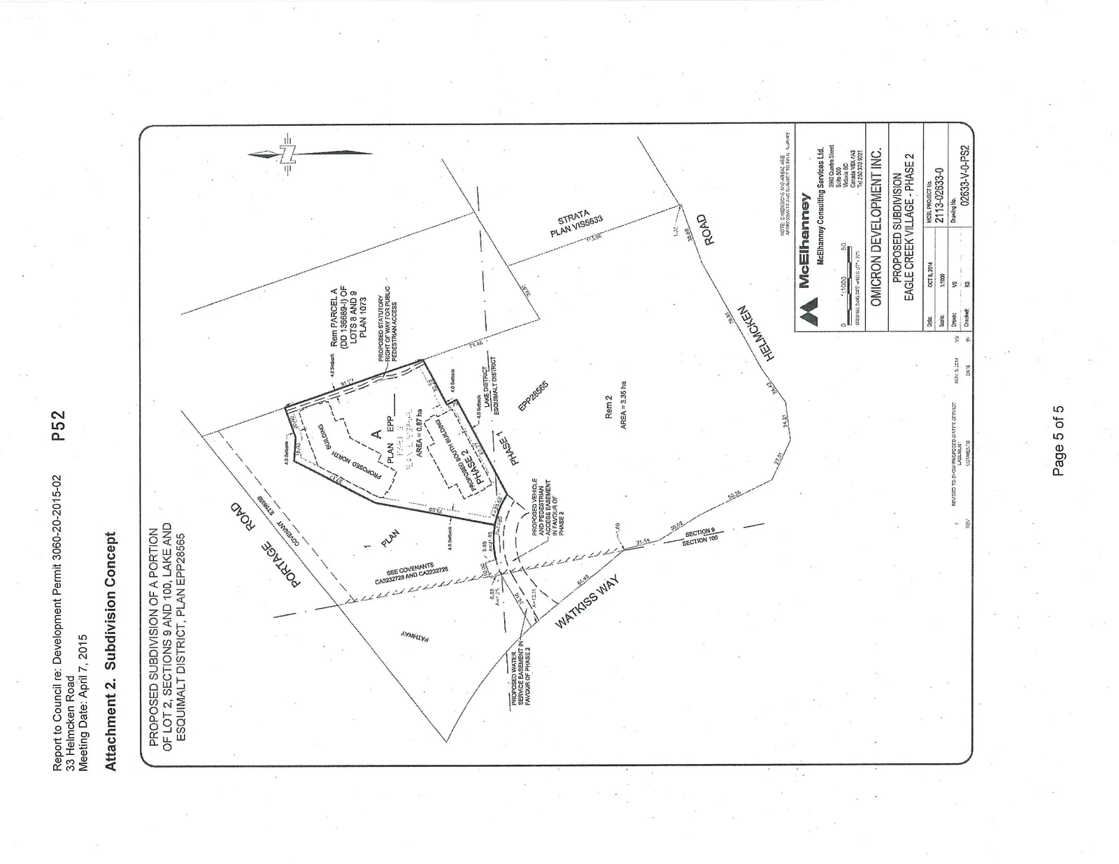 Subdivision concept map titled "PROPOSED SUBDIVISION OF A PORTION OF LOT 2, SECTIONS 9 AND 100, LAKE AND ESQUIMALT DISTRICT, PLAN EPP28565" detailing Phase 2 of the Eagle Creek Village development.