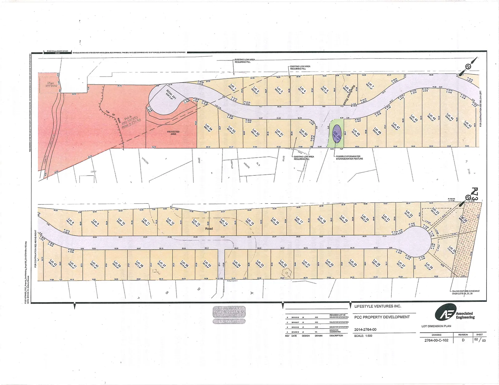 Detailed lot layout plan for the PCC Property Development, showing numbered lots 1-54, dimensions, areas in square meters, a road network including Rainforest Road, and designated protected and stormwater features.