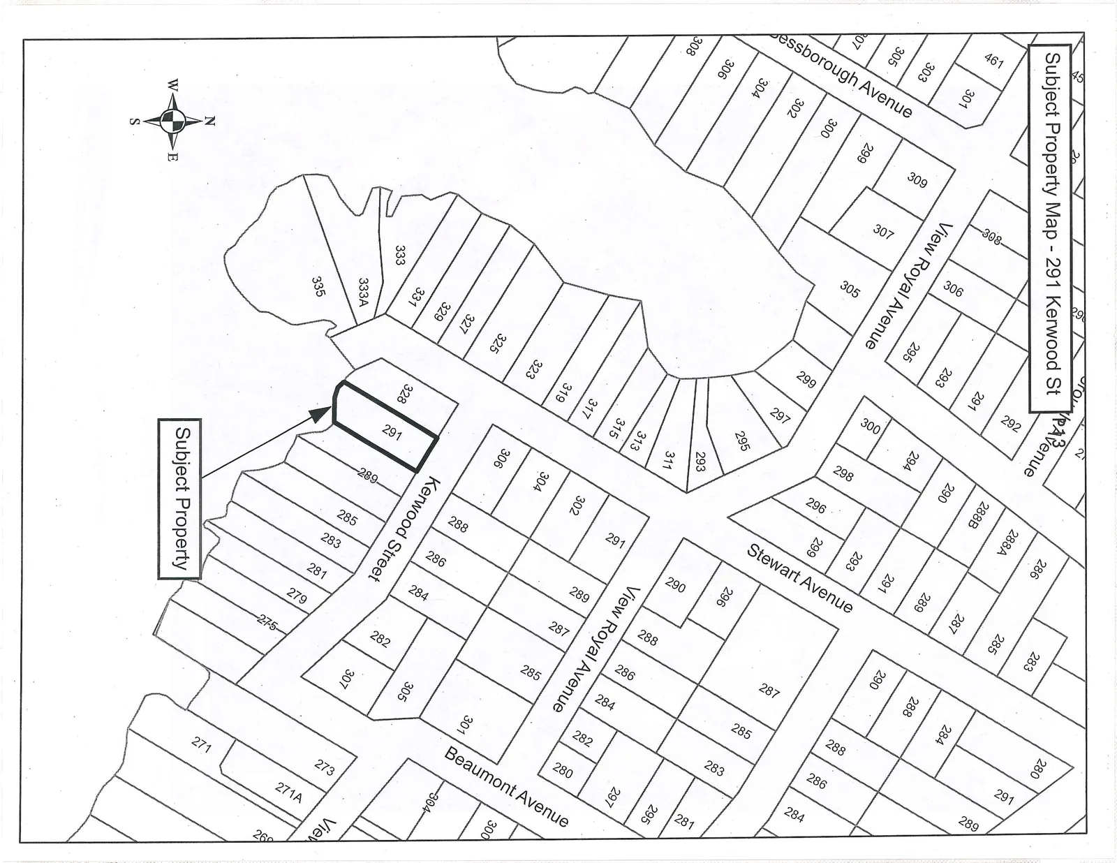 Map showing the location of the subject property at 291 Kerwood St, surrounded by numbered lots and streets including Kerwood Street, View Royal Avenue, Stewart Avenue, Beaumont Avenue, and Bessborough Avenue.