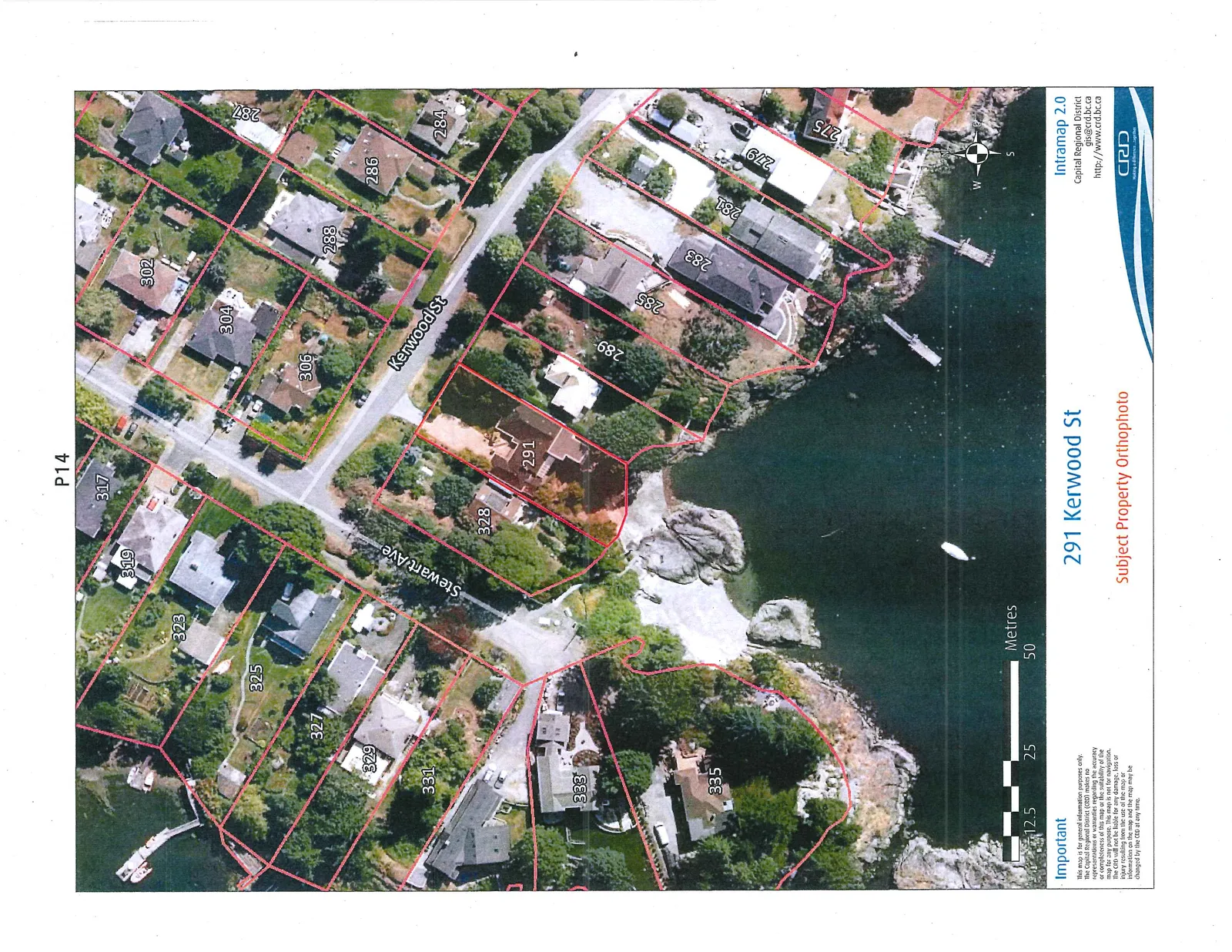 Aerial orthophoto map of 291 Kerwood St showing property boundaries, house numbers for Stewart Ave and Kerwood St, a distance scale in metres, and a north arrow.