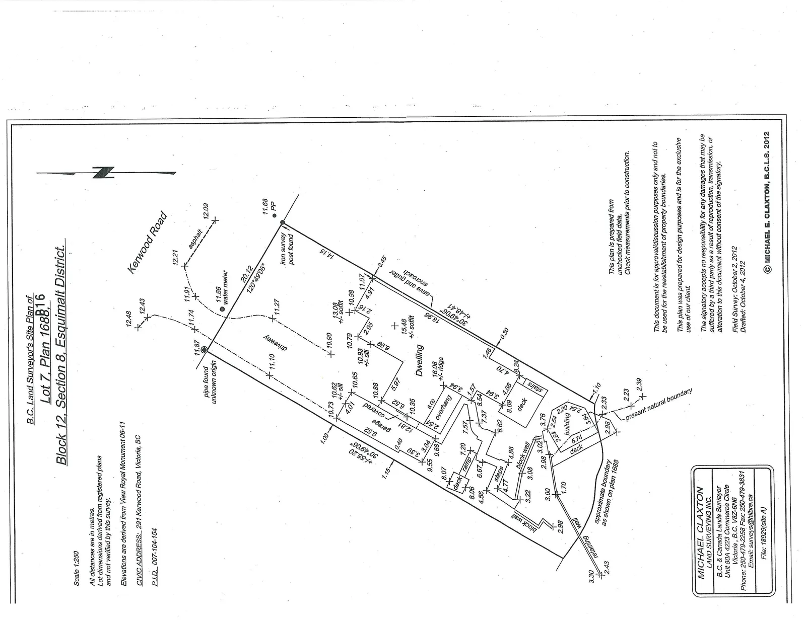 Detailed site plan of Lot 7 showing the property boundaries, dwelling, garage, driveway, decks, and various elevations. The plan includes features such as Kerwood Road, an asphalt area, a water meter, an iron survey post, and a "present natural boundary" at the southern end of the lot.