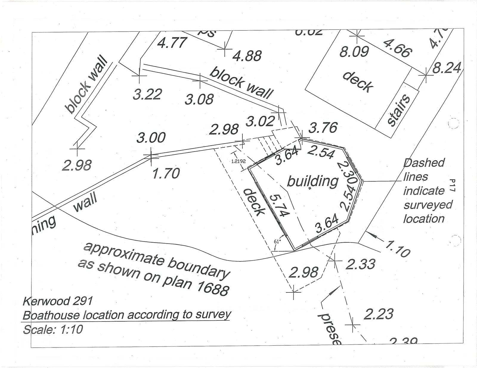Survey plan for Kerwood 291 detailing a boathouse building, decks, stairs, and block walls with extensive numerical dimensions and boundary notations.