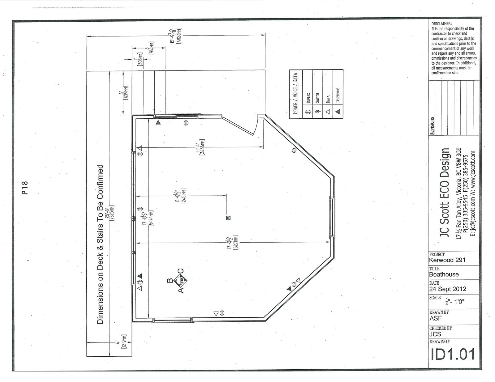 Floor plan of the boathouse showing interior dimensions, electrical and data outlet locations, and exterior deck area.