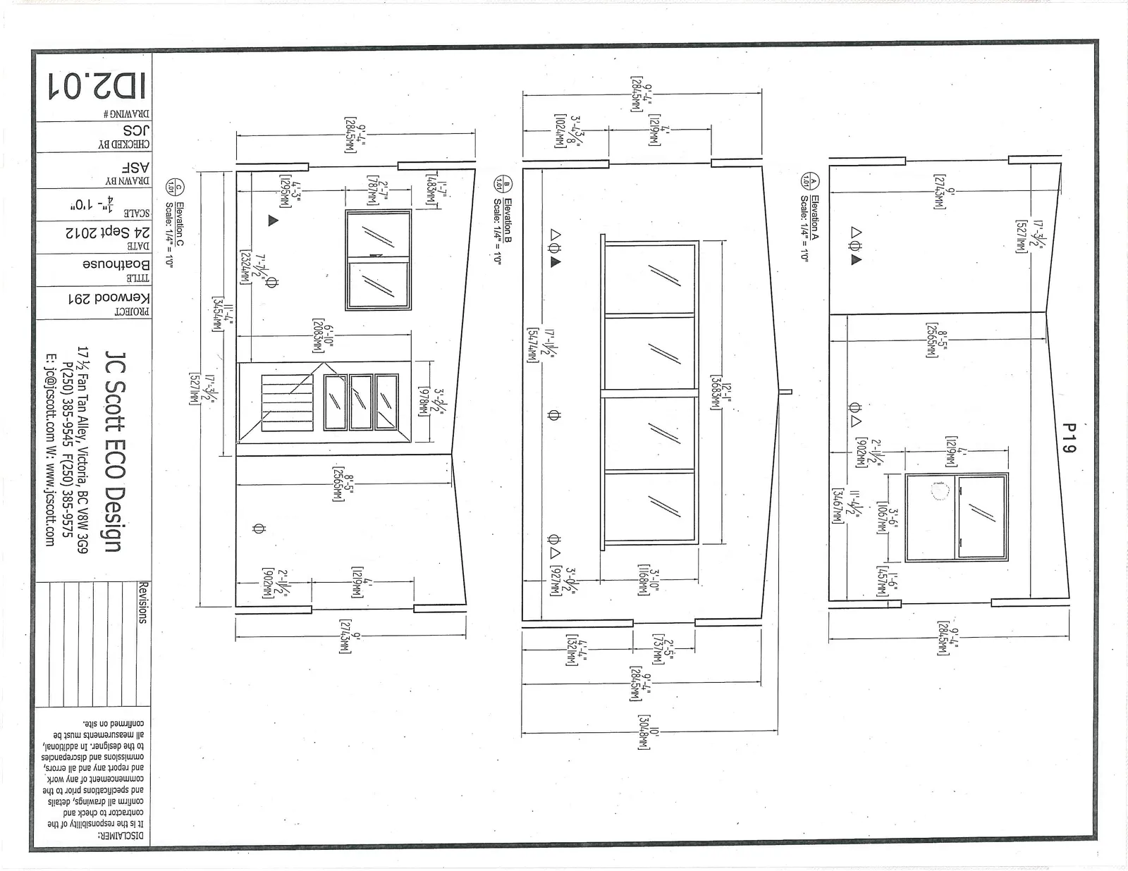 Three interior wall elevations labeled A, B, and C, detailing wall heights, window/door positions, and electrical/data outlet heights.