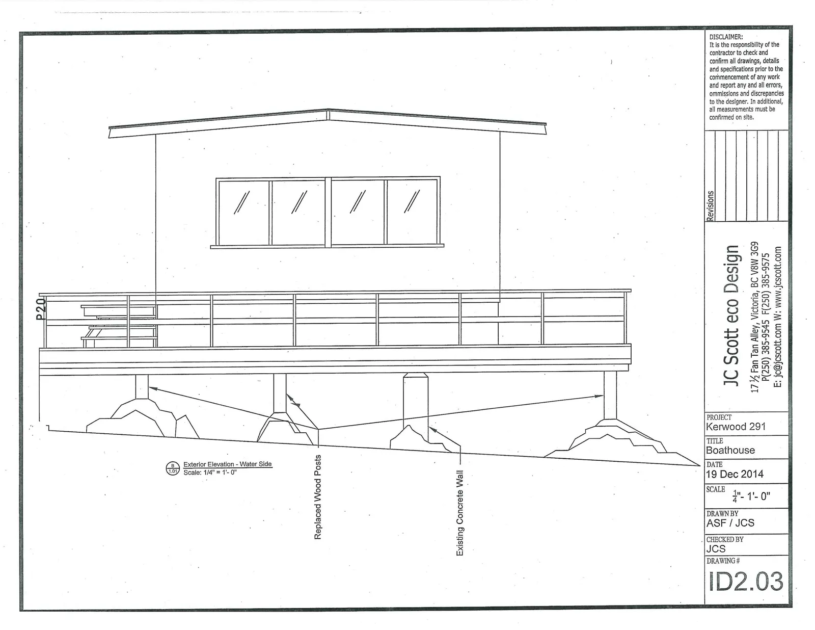 Exterior elevation view of the boathouse from the water, showing the deck railing, windows, and structural support system.