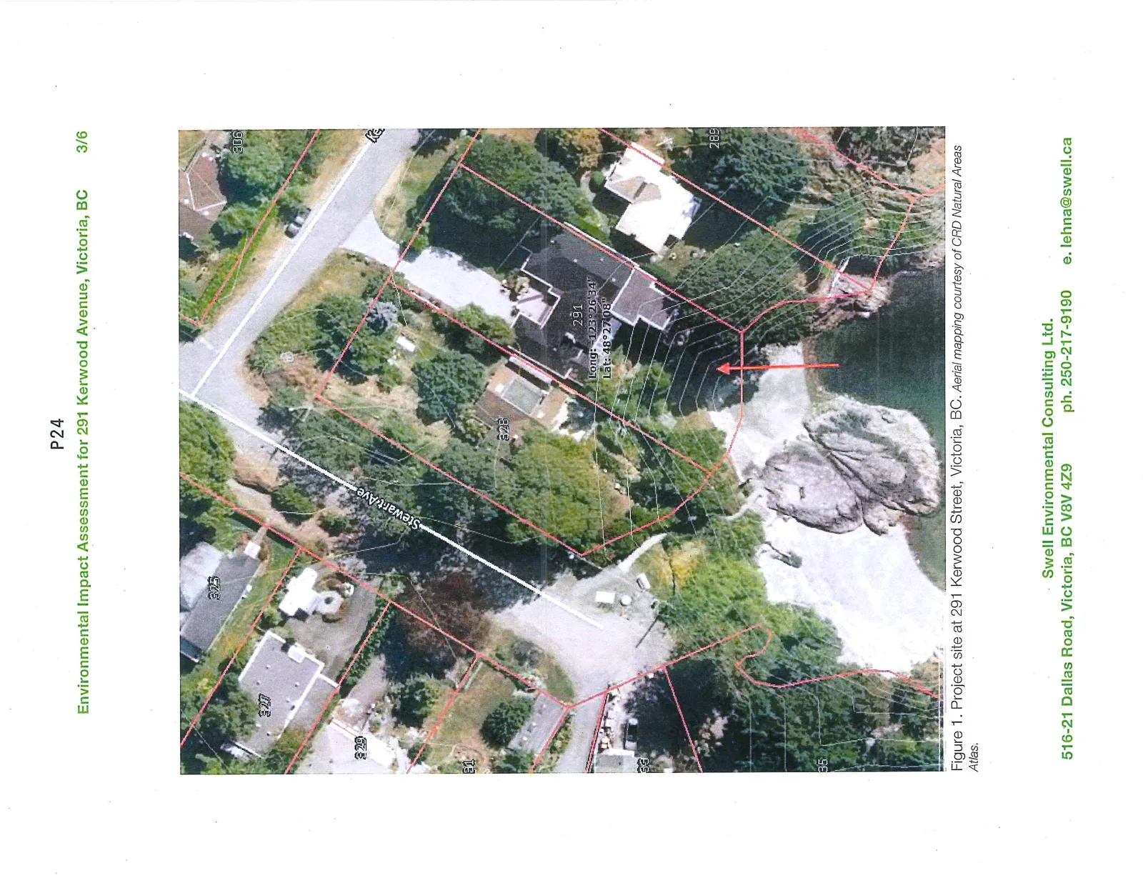 Figure 1. Aerial map showing project site at 291 Kerwood Street, Victoria, BC, with coordinates Long: -123°26'34" Lat: 48°27'08" and property lines.