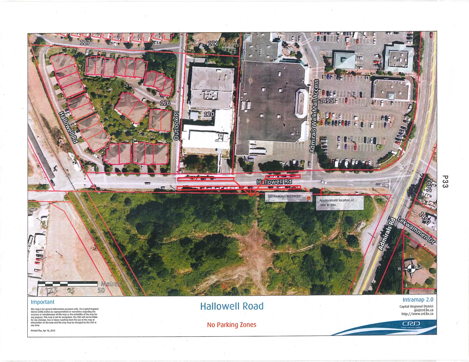 Aerial map of Hallowell Road showing designated "No Parking Zones" outlined in red. The map includes street names such as Hallowell Rd, Admirals Walk Mall Access, Outlook Pl, Admirals Rd, and Lekwammen Dr. Address numbers 120, 121, 126, 127, 1490, 1492, and 1495 are visible. Annotations indicate "NO PARKING ALLOWED" and the "Approximate location of new access."