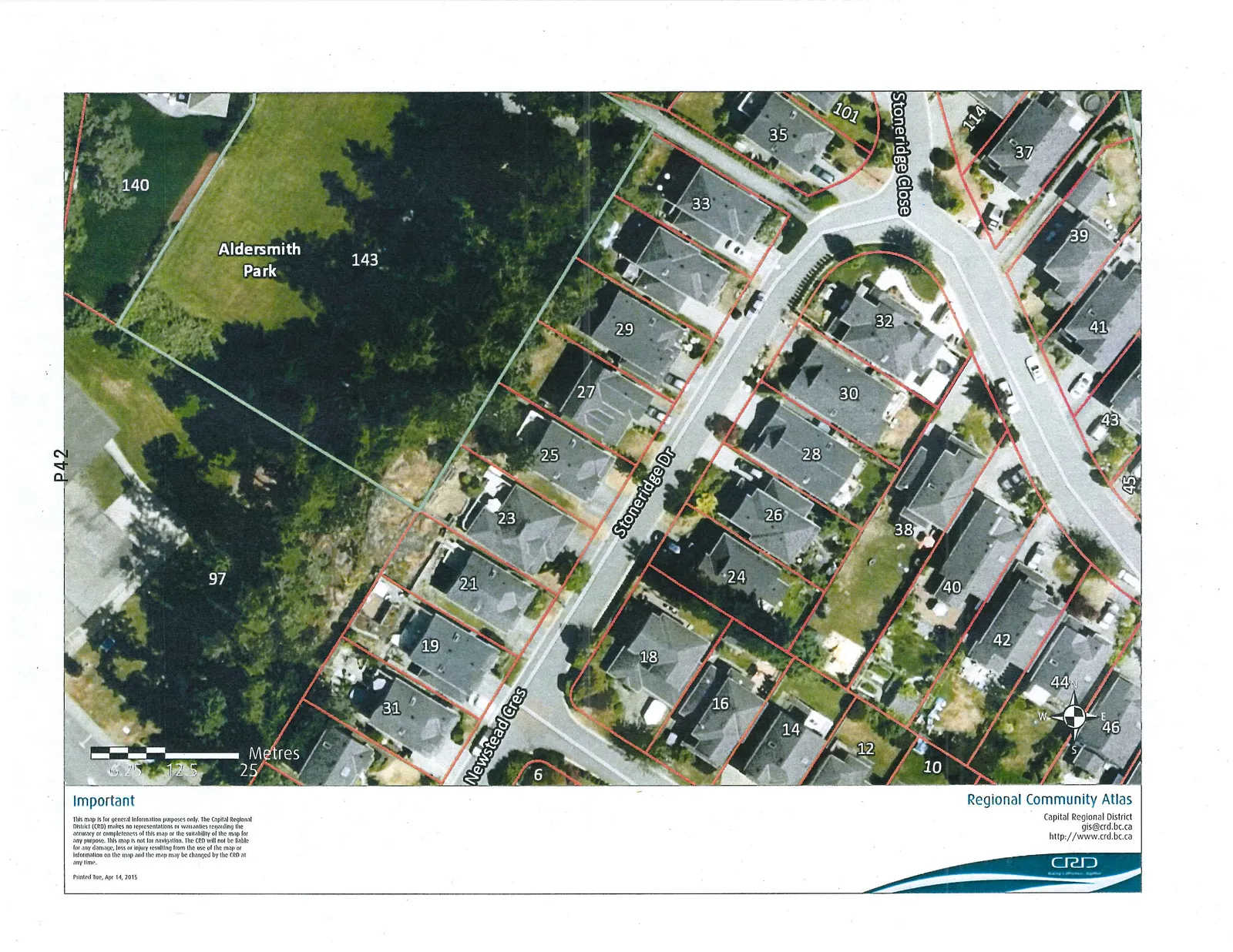 Aerial map of a residential area showing property lot boundaries and numbers. Streets identified include Stoneridge Drive, Stoneridge Close, and Newstead Crescent. Labeled areas include Aldersmith Park. A scale bar shows distances from 0 to 25 Metres.