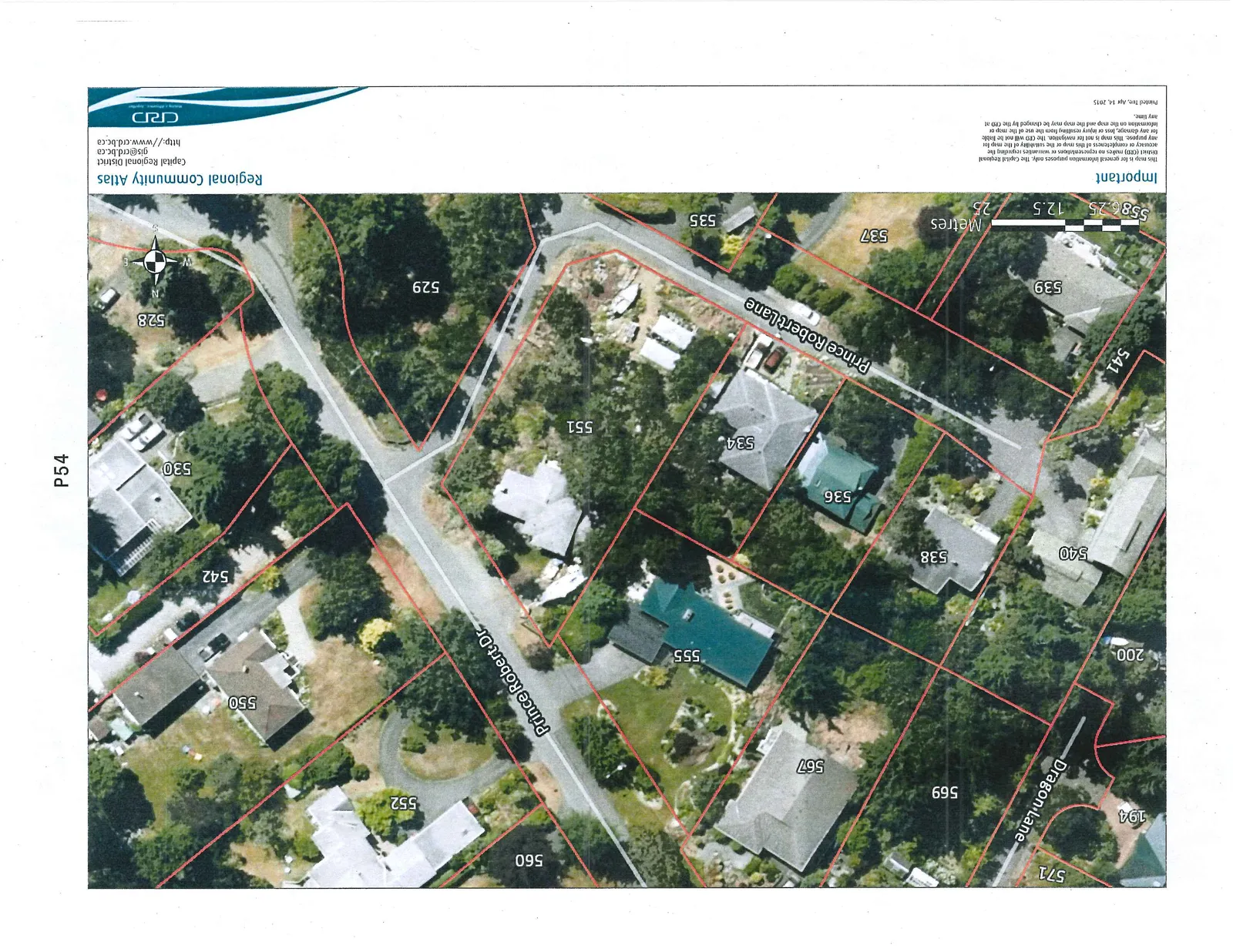 Aerial map showing property parcels and street names for Prince Robert Drive, Prince Robert Lane, and Dragon Lane. Property numbers indicated on the map include 571, 194, 569, 567, 560, 552, 555, 550, 542, 530, 528, 529, 551, 534, 536, 538, 540, 200, 541, 539, 537, and 535. The map includes a scale bar in metres and a compass rose.