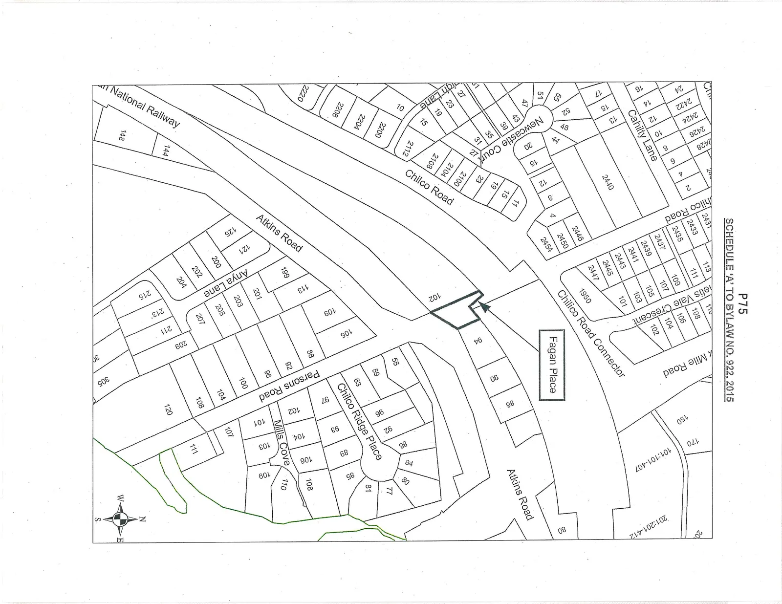 A cadastral map illustrating property boundaries and lot numbers for an area including Atkins Road, Chilco Road, Fagan Place, and Parsons Road. A specific parcel of land, identified with the number 102, is highlighted with a bold black outline at the intersection of Atkins Road and what appears to be a proposed extension or connector near Fagan Place.