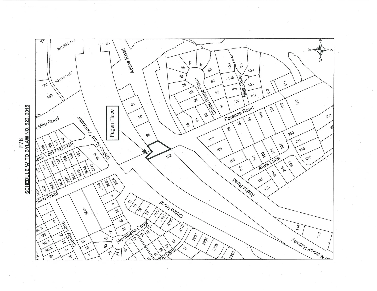 Parcel map showing residential lot layouts and street names. Street names include Chilco Road, Cahilty Lane, Newcastle Court, Leigh Lane, Atkins Road, Chilco Road Connector, Thetis Vale Crescent, Mile Road, Fagan Place, Chilco Ridge Place, Parsons Road, Mills Cove, Anya Lane, and National Railway. Lot 102 is highlighted with a bold outline and an arrow pointing from the "Fagan Place" label.
