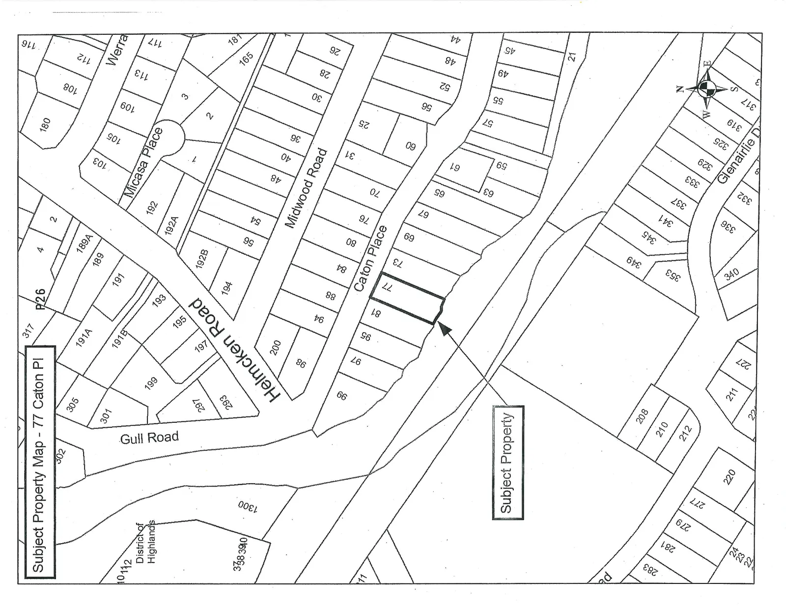 Cadastral map showing the location of the subject property at 77 Caton Place. The property is identified as lot 77, highlighted with a bold border, with an arrow pointing to it from a box labeled "Subject Property". The map shows surrounding streets including Helmcken Road, Gull Road, Micasa Place, Midwood Road, Werra, and Glenairlie Dr. An area at the top left is labeled "District of Highlands".