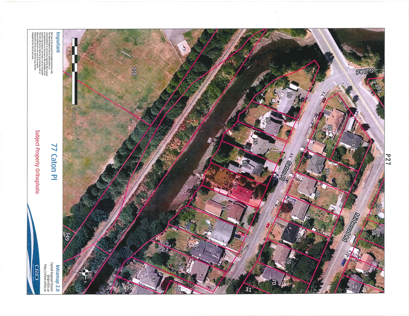 Orthophoto map showing the subject property at 77 Caton Pl highlighted in red. The map displays surrounding property boundaries and addresses along Caton Pl, Midwood Rd, and Gull Rd. A waterway and large green space (parcel 218) are visible to the south and west of the residential properties.