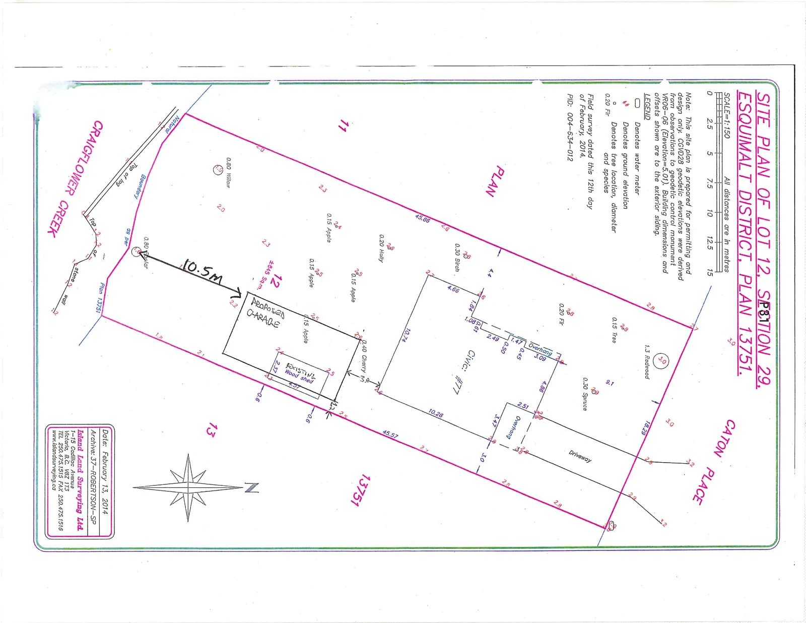 Survey site plan for Lot 12 showing the location of the existing residence (Civic #77), a proposed garage, an existing wood shed, driveway, and various trees relative to Caton Place and Craigflower Creek.