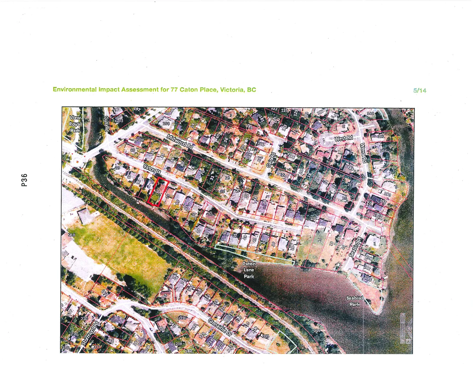 Aerial map view showing the subject property at 77 Caton Place within its neighborhood context, including proximity to Caton Lane Park and Seabird Park.