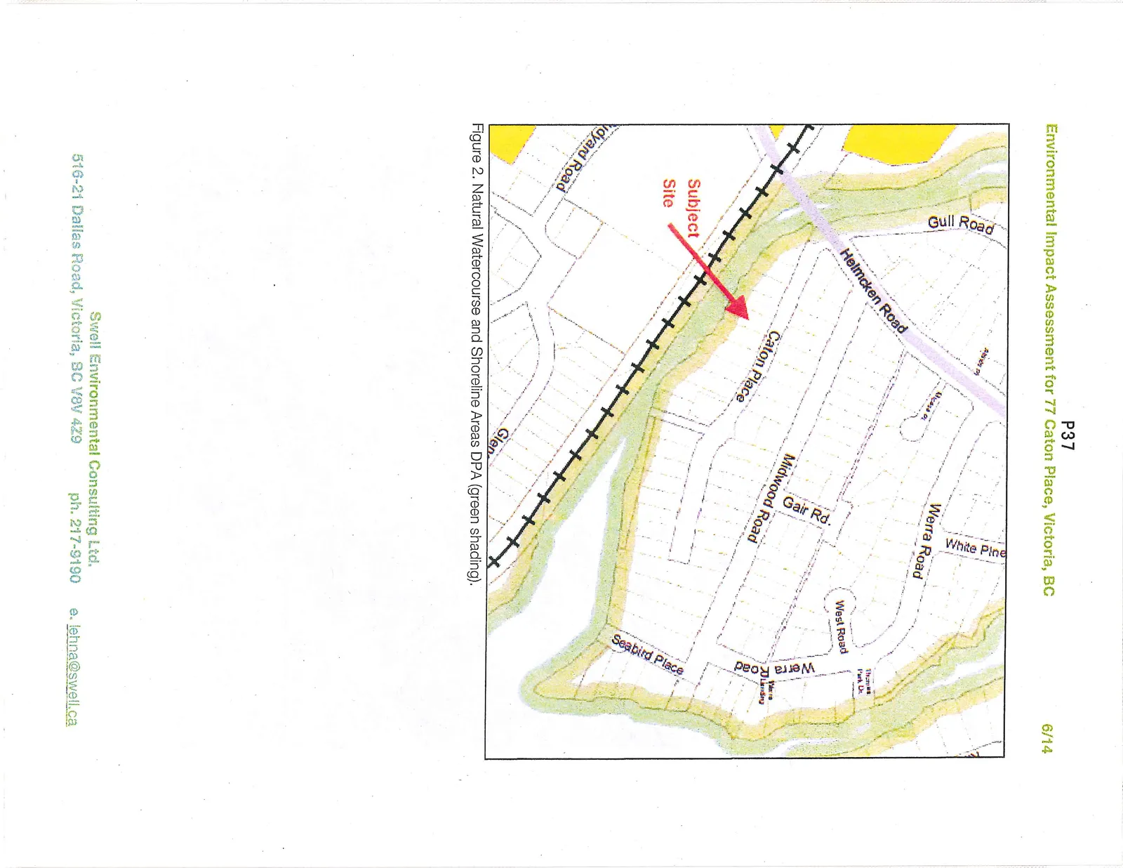 Map of the subject site showing the extent of the Natural Watercourse and Shoreline Areas Development Permit Area (DPA) marked with green shading.