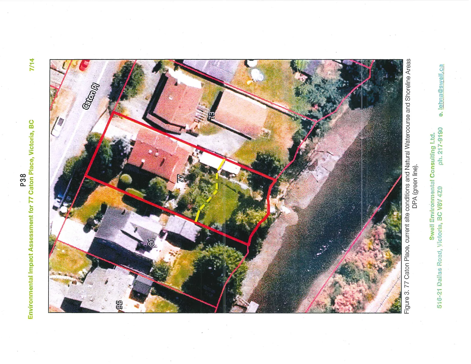 Detailed aerial photograph of 77 Caton Place showing current site conditions and the Natural Watercourse and Shoreline Areas DPA boundary indicated by a green line.