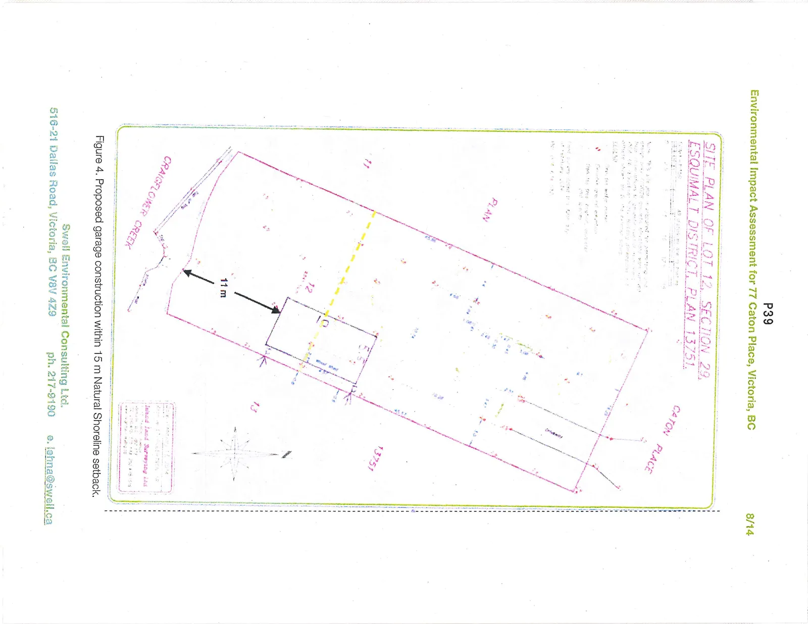 Proposed site plan for a garage construction on lot 12, showing an 11 m setback from Craigflower Creek.