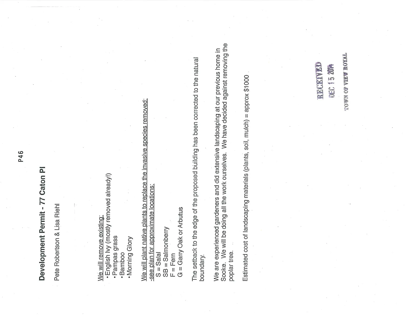 Landscaping proposal for development permit at 77 Caton Pl