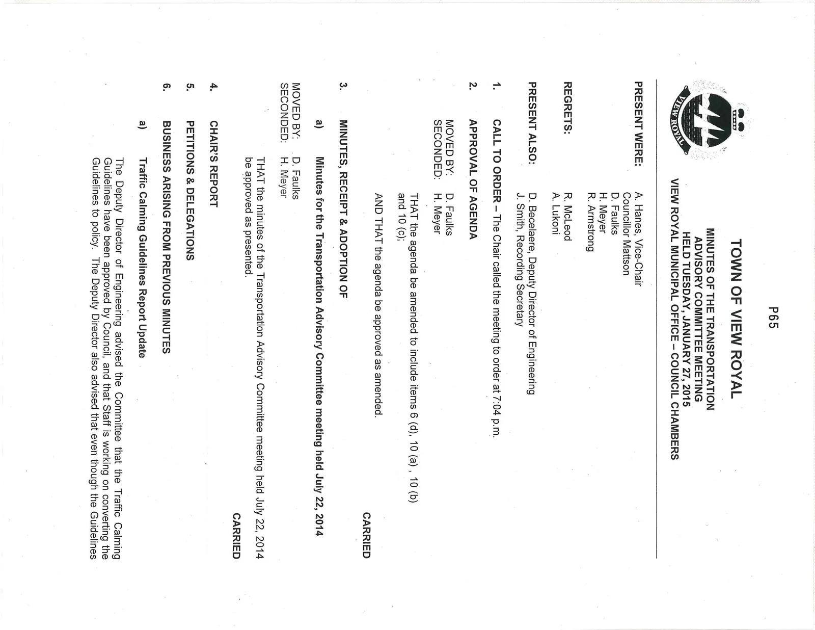 First page of Transportation Advisory Committee meeting minutes for January 27, 2015