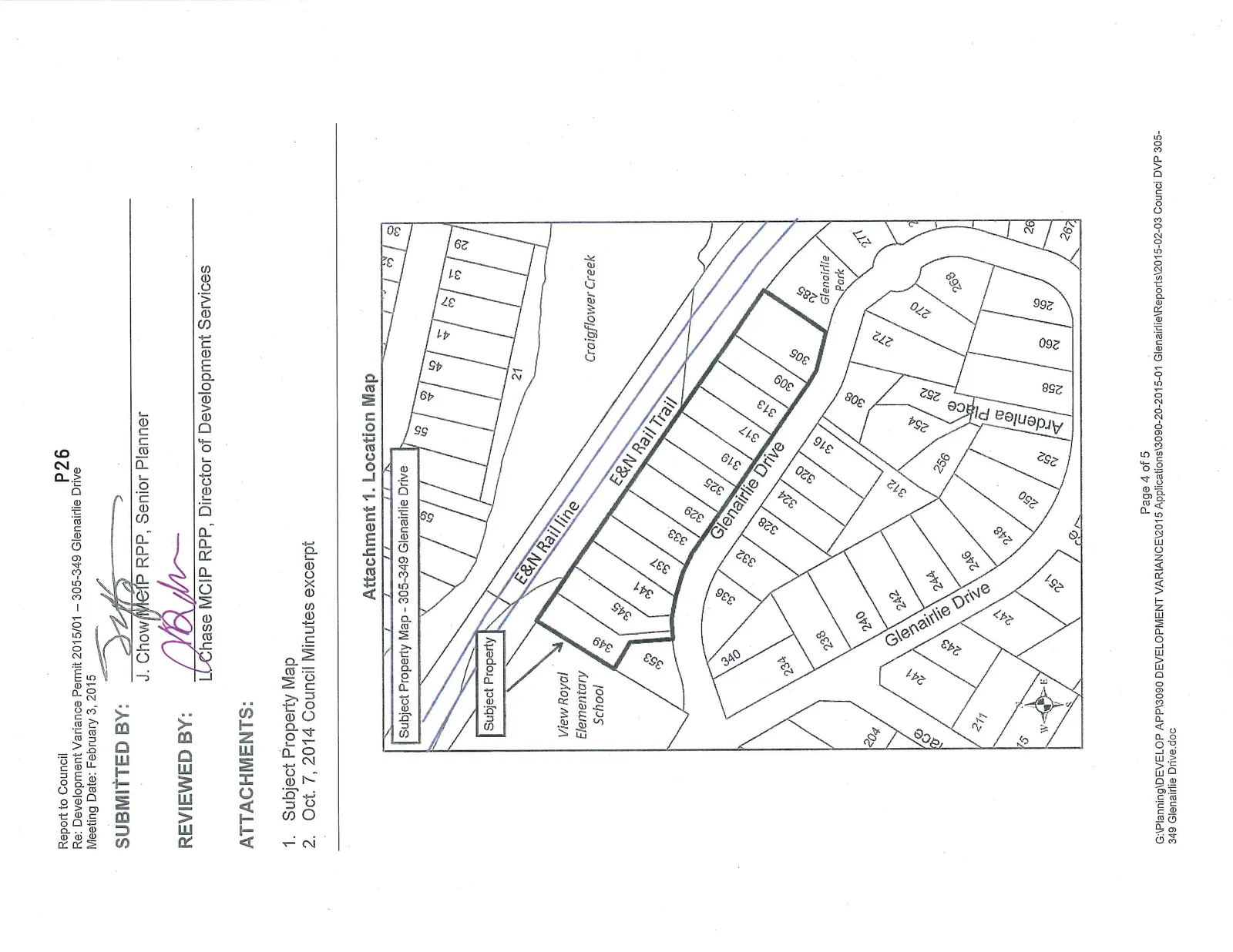 Attachment 1. Location Map showing the subject property map for 305-349 Glenairlie Drive, situated between the E&N Rail line/trail and Glenairlie Drive, with adjacent areas including View Royal Elementary School, Craigflower Creek, and Glenairlie Park.