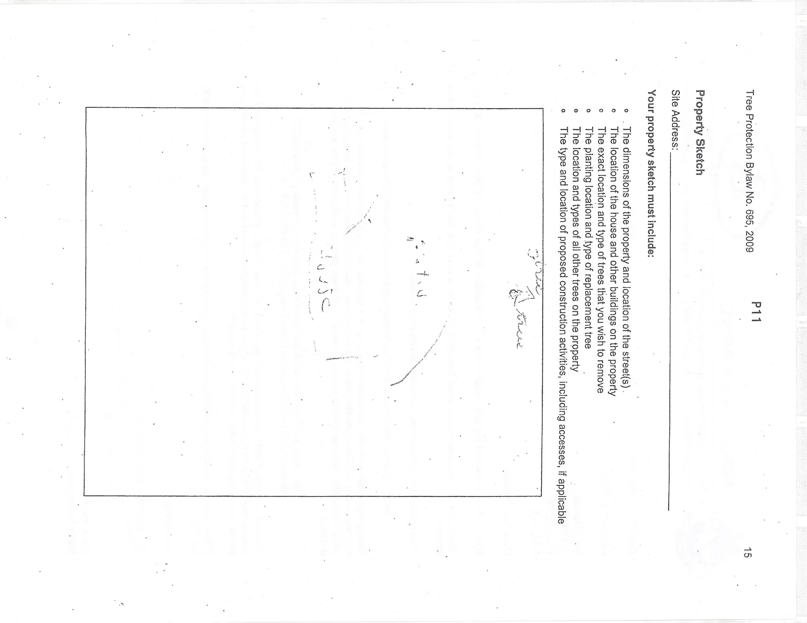 Property sketch showing the relative locations of a house, a patio, and a tree designated for removal.