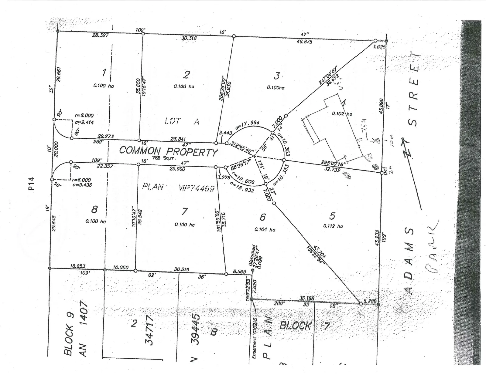 Detailed site plan map showing Lot 4, common property, and surrounding lots, with hand-drawn annotations on Lot 4 indicating tree locations at distances of 7.5m and 10m from the house footprint, near Adams Street Park.