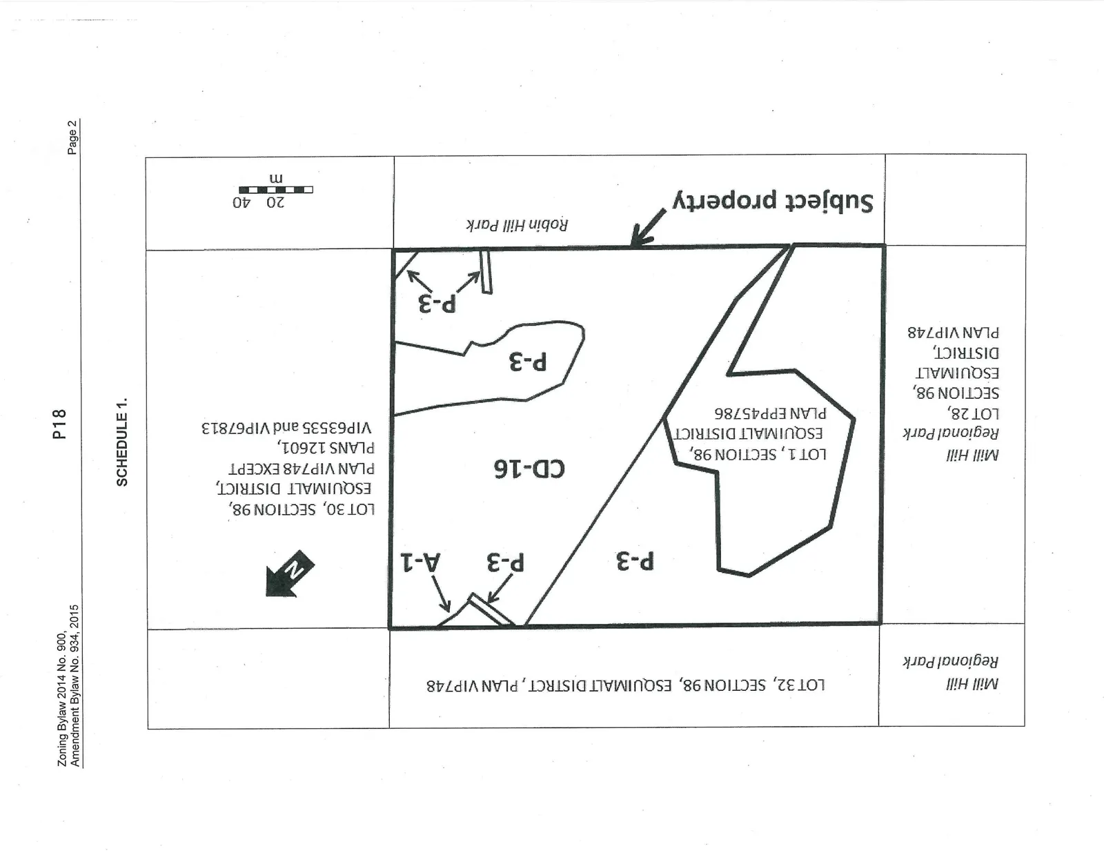 Zoning map showing the "Subject property" and surrounding areas. The map identifies the following parcels and features:
- **Subject Property**: Areas labeled CD-16, P-3, and A-1.
- **Lot 1, Section 98, Esquimalt District, Plan EPP45786**: A parcel within the subject property.
- **Lot 30, Section 98, Esquimalt District, Plan VIP748 Except Plans 12601, VIP63535 and VIP67813**: Parcel adjacent to the subject property to the north.
- **Mill Hill Regional Park (Lot 32, Section 98, Esquimalt District, Plan VIP748)**: Located to the west.
- **Mill Hill Regional Park (Lot 28, Section 98, Esquimalt District, Plan VIP748)**: Located to the south.
- **Robin Hill Park**: Located to the east.
The map includes a north arrow and a scale bar for 20 and 40 meters.