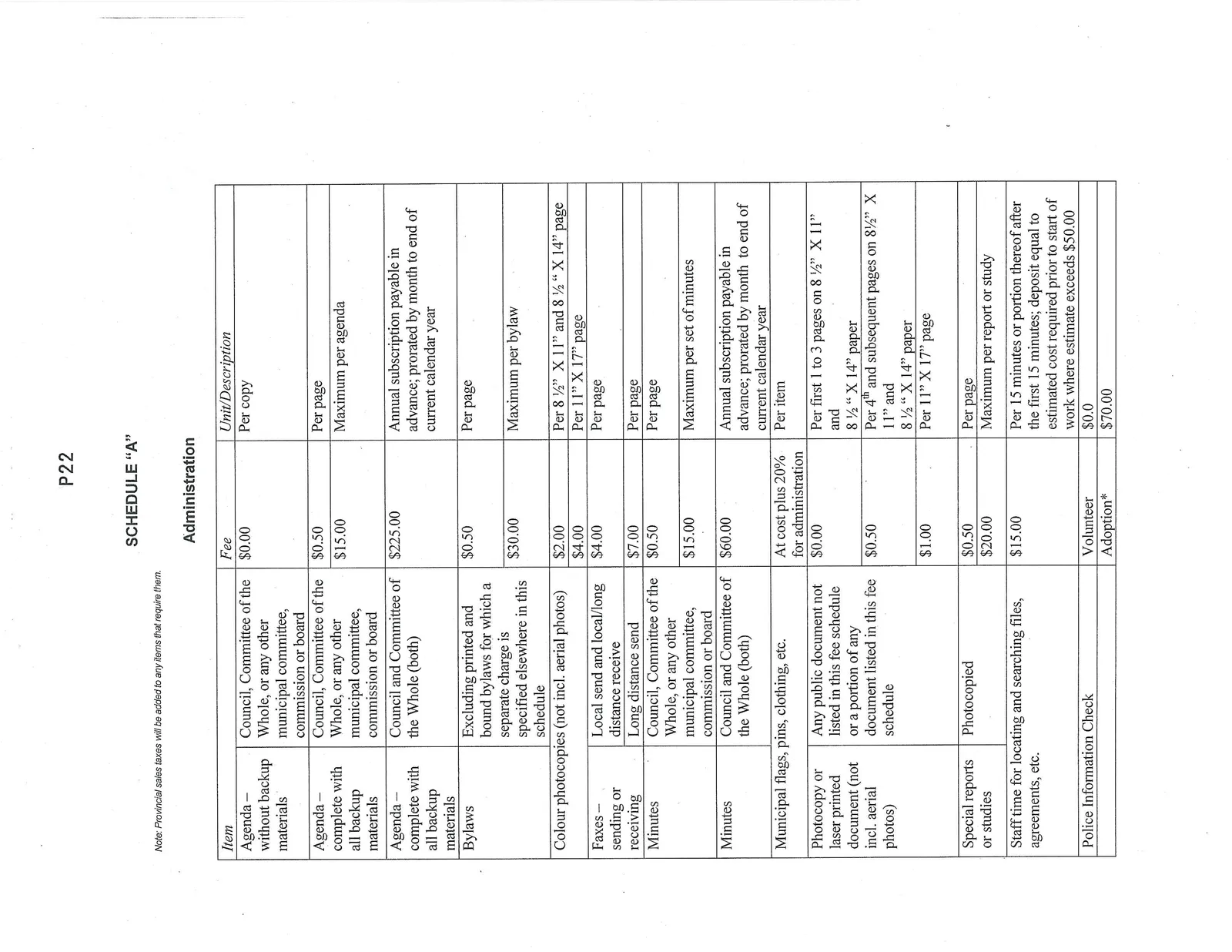 Administration fee schedule table showing fees for agendas, bylaws, photocopies, faxes, and minutes